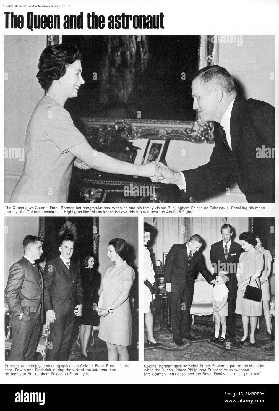 Queen Elizabeth II meets Frank Frederick Borman, II (born March 14, 1928), United States Air Force pilot, aeronautical engineer, test pilot, and NASA astronaut, best remembered as the Commander of Apollo 8, the first mission to fly around the Moon, making him, along with crew mates Jim Lovell and Bill Anders, the first of only 24 humans to do so.  Borman visited Buckingham Palace with his family on 4 February 1969.     Date: 1969 Stock Photo