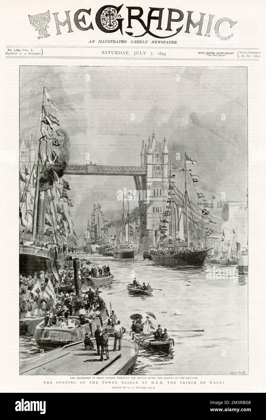 Procession of boats on the River Thames. Passing through the bridge after the raising of the bascules, opened by Prince and Princess of Wales (later Edward VII and Alexandra of Denmark), on behalf of Queen Victoria. Stock Photo