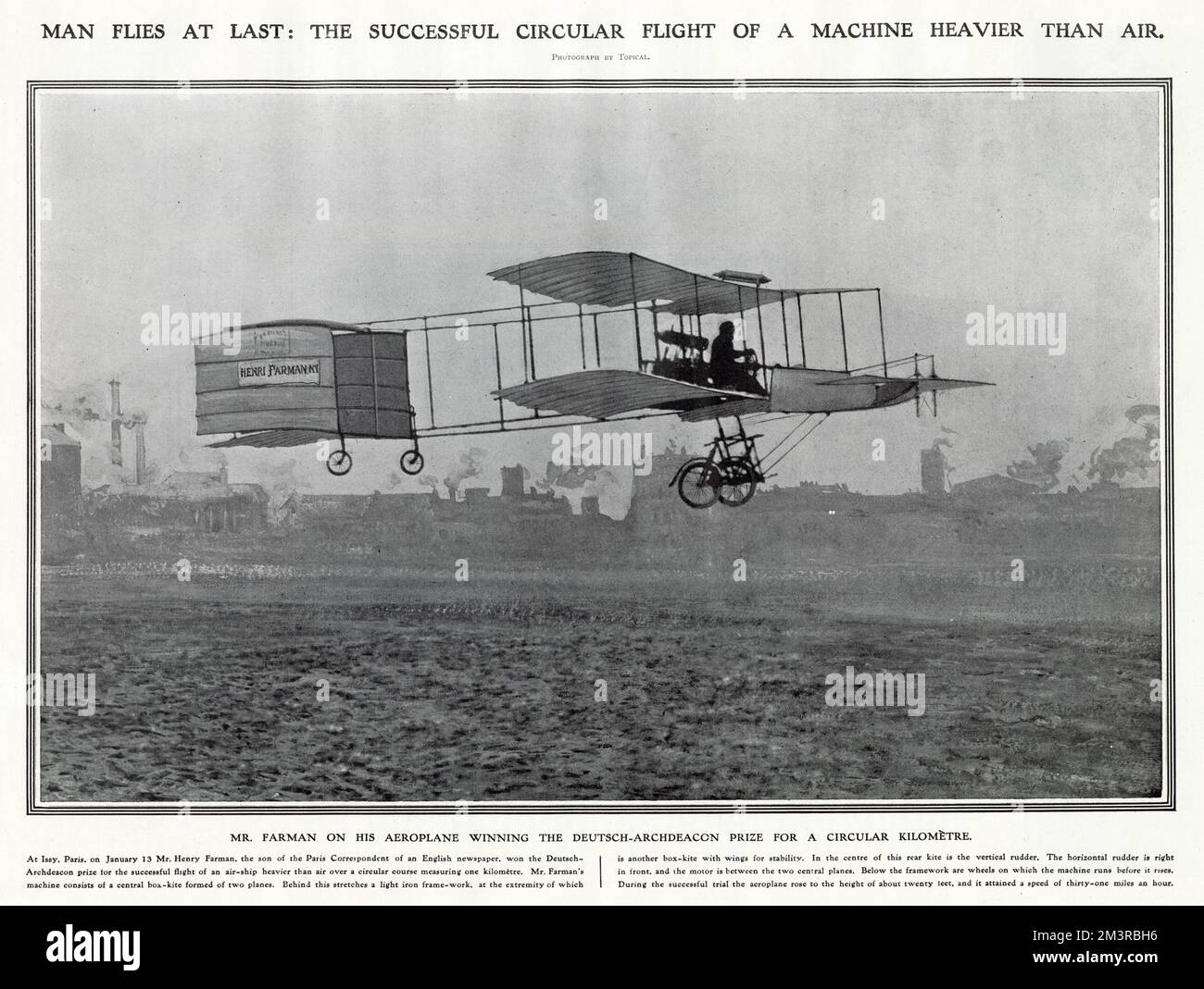 British-French pilot Henri Farman winning the Deutsch-Archdeacon prize of 50,000 francs at Issy-les-Moulineaux, France. For the successful flight of an aircraft heavier than air, flying at thirty-one miles an hour, over a circular course measuring one kilometre. Stock Photo
