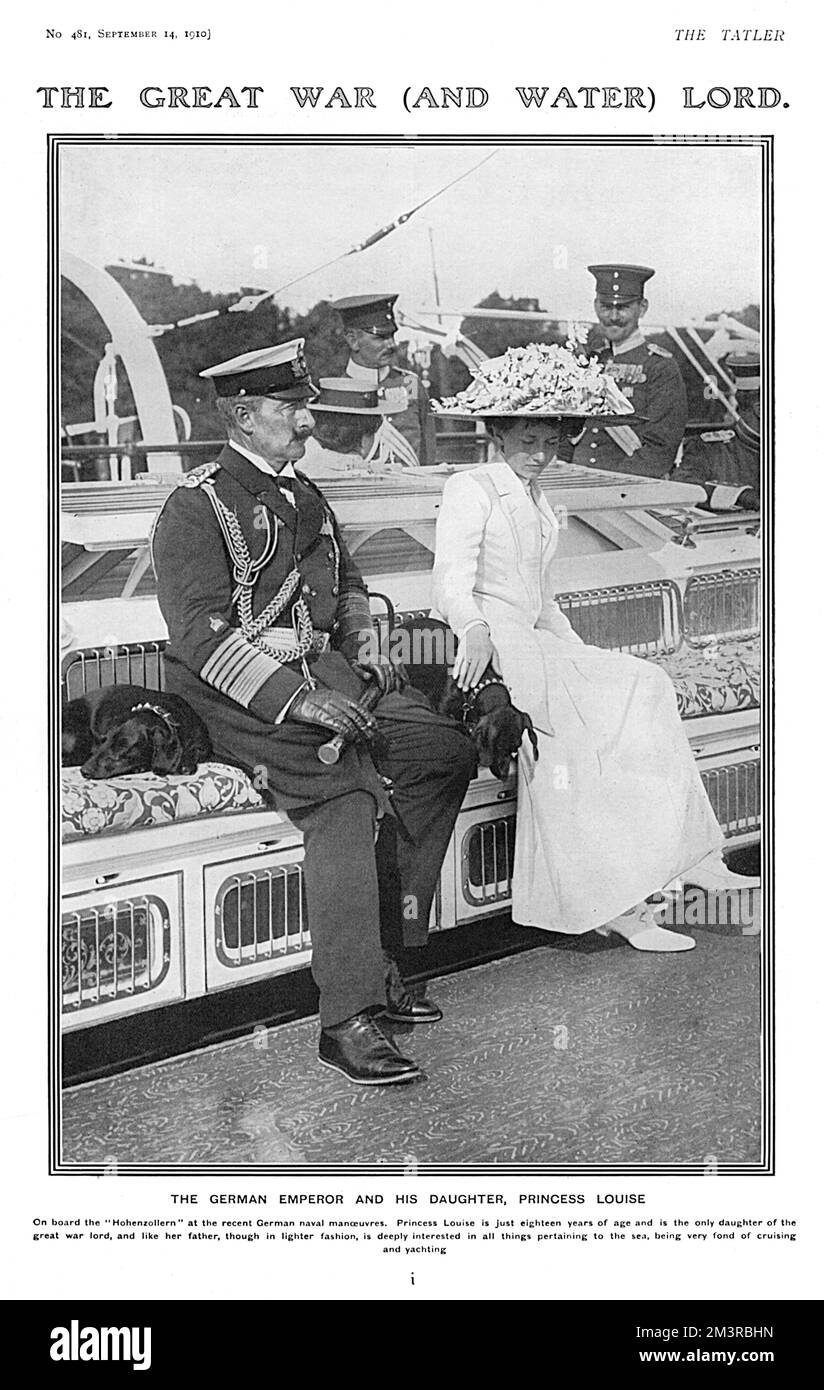Portrait of Kaiser Wilhelm II, German Emperor (1859-1941) on board the royal yacht Hohenzollern with his youngest child and only daughter, eighteen year-old Princess Viktoria Luise (Duchess of Brunswick from 1913).  Accompanying them are two dachshund dogs.       Date: 1910 Stock Photo