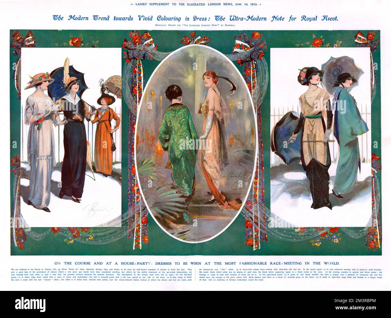 Series of illustrations showing fashionable brightly coloured dresses and garments to be worn by women at Royal Ascot during 1913. On the left a white crepe dress with emerald green belt with a red rose on one side of the waist; a blue serge with a white linen collar and a multicoloured Indian foulard;  a terracotta crepon dress treated with dark-blue silk and net. In the centre panel is an evening coat in green and gold brocade and another evening creation in apricot and flame colour. In the right panel are a gown of black broche with the skirt draped over a plastron of cinnamon silk and lace Stock Photo