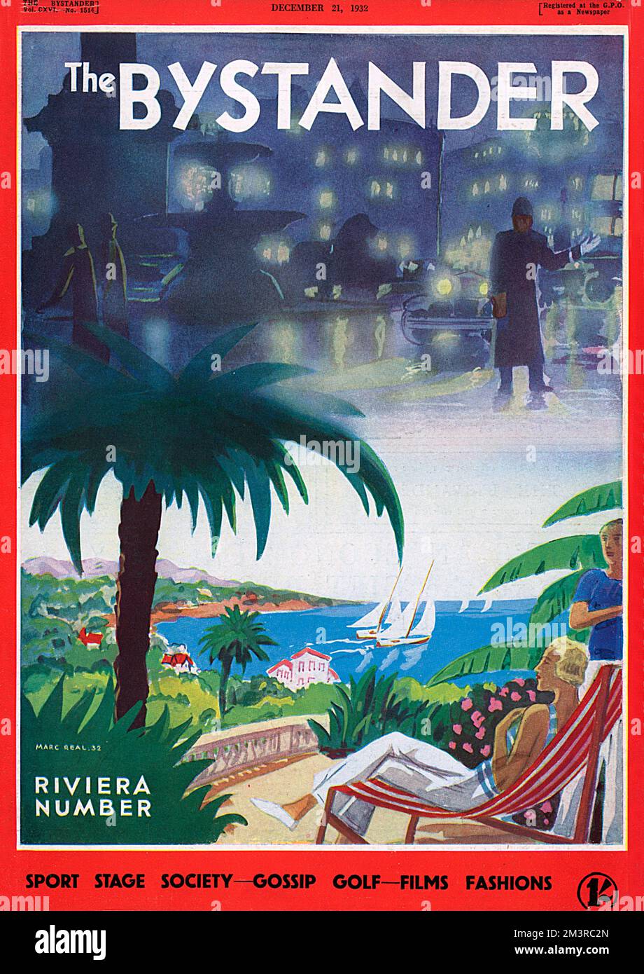 Front cover of The Bystander magazine's Riviera Number in December 1932 contrasting the damp, dark smog of London with the blue skies, sunshine and lush vegetation of the French Riviera.  I know where I'd rather be.  1932 Stock Photo
