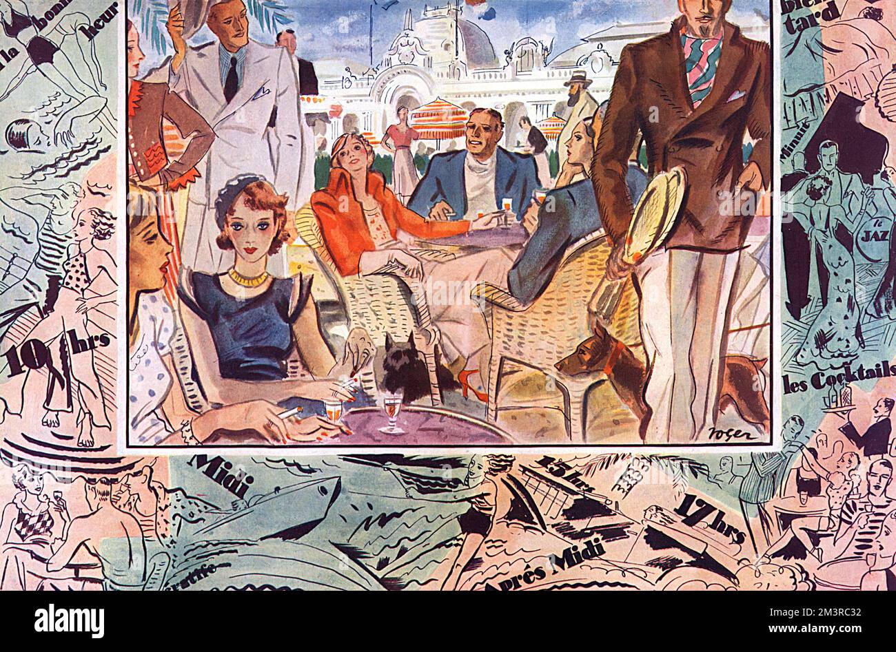 Ici on s'amuse bien tout le jour by Roger Furse.  Illustration showing smart society enjoying the pleasures of the French Riviera during the 1930s at Monte Carlo with the Casino in the background.  The montage border represents the endless entertainment available on the Cote d'Azur for those with the means to enjoy such pleasures.   1932 Stock Photo