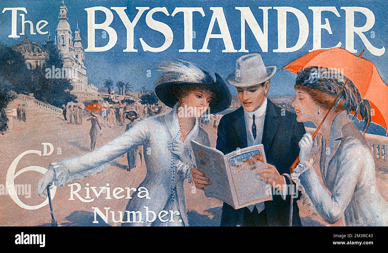 Masthead design for jacket front cover of The Bystander magazine in 1913 with its special Riviera supplement.  The Bystander regularly brought out issues dedicated to news and gossip from the South of France, often de-camping for a week to Cannes or Nice in order to bring back the most authentic report.  Illustration shows a well-dressed group seated in the sunshine peering with interest at the magazine.     Date: 1913 Stock Photo