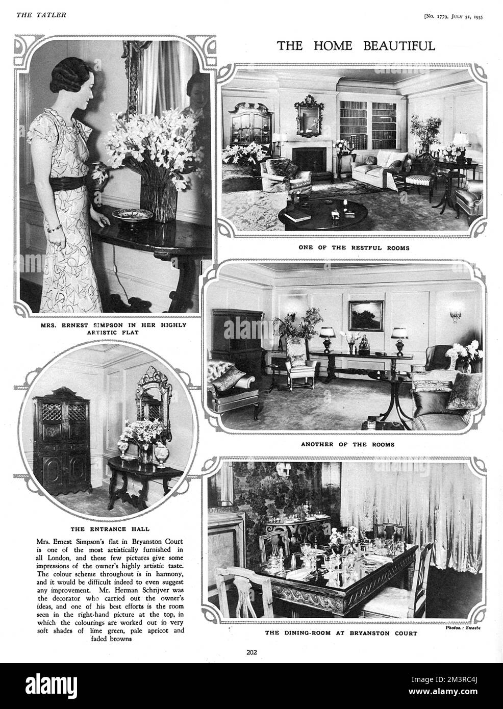 Page from The Tatler in July 1935 featuring 'the home beautiful' of Mrs Ernest Simpson, aka Wallis Simpson (Duchess of Windsor) at Bryanston Court, described by the magazine as 'one of the most artistically furnished in allLondon'.  The flat was decorated by Mr Herman Schrijver according to Wallis's ideas.      Date: 1935 Stock Photo