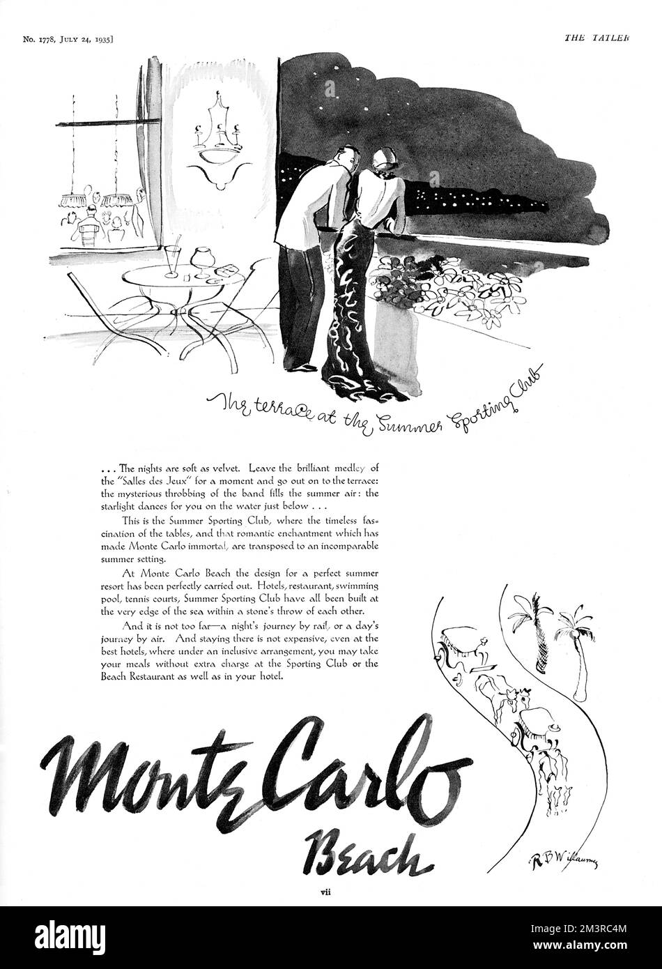 Advertisement for Monte Carlo on the French Riviera featuring an illustration and alluring description of the Summer Sporting Club.  A couple leave the 'Salles des Jeux' for a moment to enjoy the night 'as soft as velvet' on the club's balcony.      Date: 1935 Stock Photo