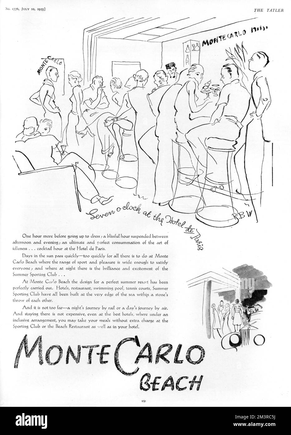 Advertisement for Monte Carlo on the French Riviera featuring an illustration, and tempting description, of the cocktail hour at the Hotel de Paris.     Date: 1935 Stock Photo