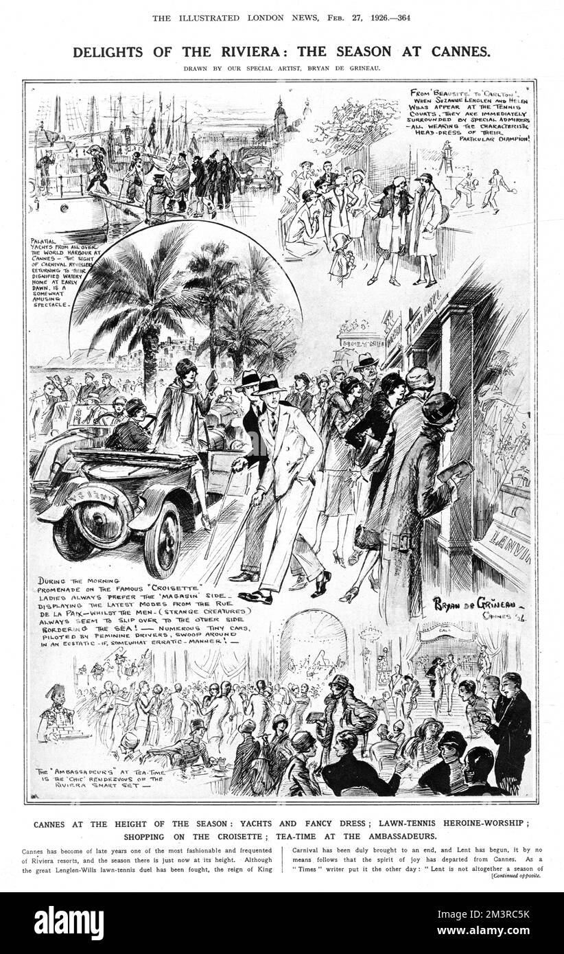 Series of vignette sketches showing society at play on the French Riviera, at Cannes in the spring of 1926.  Pictured are Suzanne Lenglen and Helen Wills on the area's tennis courts, yachts in the harbour, smart society promending along the Croisette, with the ladies taking a great interest in the shops and the Riviera smart set dining at the Ambassadeurs restaurant.     Date: 1926 Stock Photo