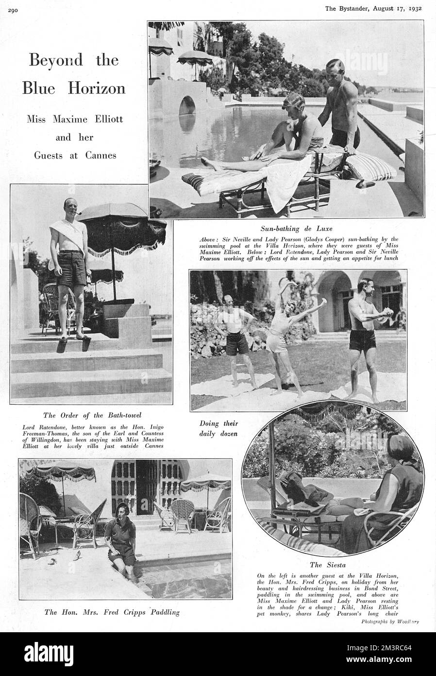 Page from The Bystander magazine in 1932 reporting on guests staying at the beautiful villa belonging to the American actress Maxine Elliott on the French Riviera.  The Chateau l'Horizon, which was designed by architect Barry Dierks, was incredibly luxurious - it's pool had a water chute into the sea below.  Pictured staying with Maxine this time are Sir Neville and Lady Pearson (previously Gladys Cooper), Lord Ratendone (the Hon. Inigo Freeman-Thomas), Mrs Fred Cripps and, not forgetting, Maxine's pet monkey Kiki.       Date: 1933 Stock Photo