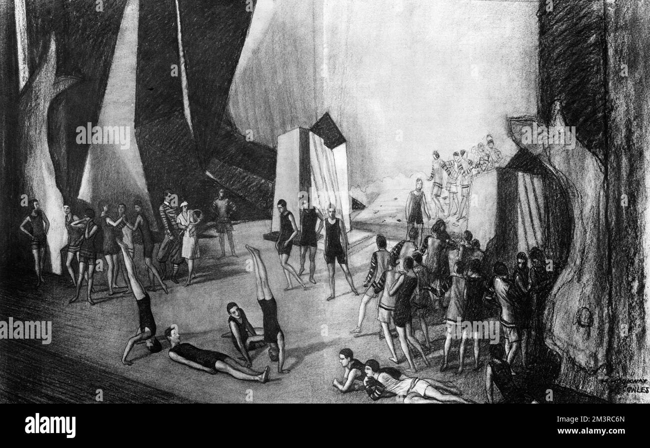Scene on stage at the London Coliseum showing the Russian Ballet performing Le Train Bleu, a dance comedy inspired by the vogue for the French Riviera and its associated pastimes and entertainments.       Date: 1924 Stock Photo