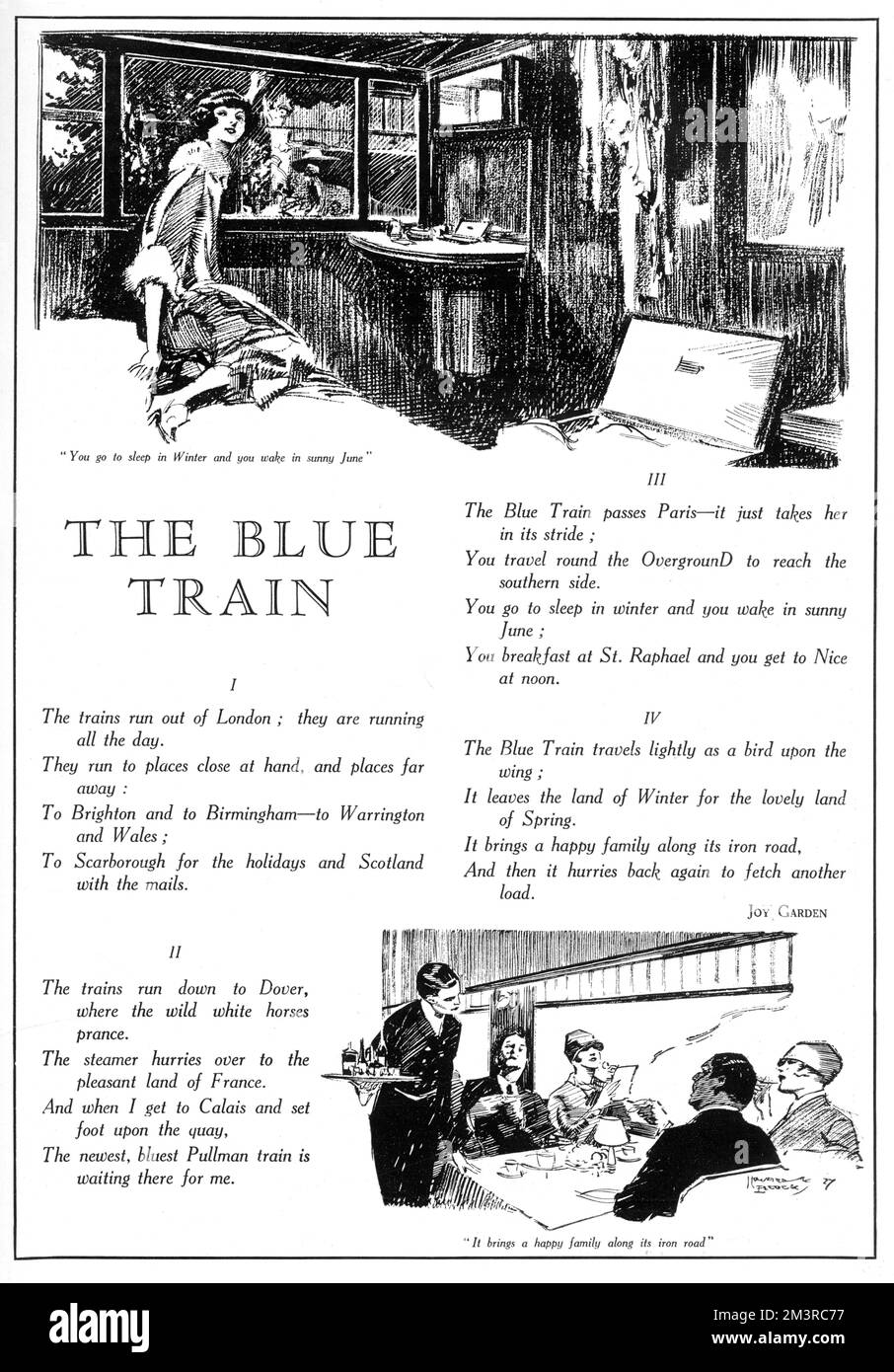 A poem by Joy Garden (and quite a terrible one at that), extolling the virtues of travelling to the French Riviera via the fabled Blue Train.  Illustrated with views of the train's interior by Howard K. Elcock.     Date: 1927 Stock Photo