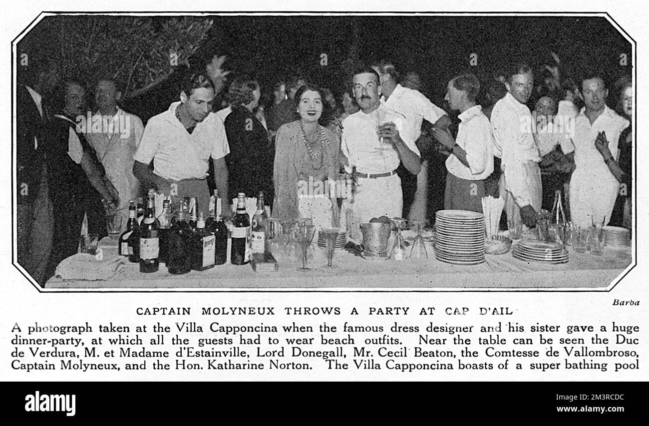 Photograph of the party given by famed dress designer, Captain Edward Molyneux at his French Riviera home, the Villa Capponcina at Cap d'Ail.  Thrown to inaugurate his new swimming pool, the dress code stipulated guests must wear beach outfits.  There were arc lights, fireworks and an American orchestra.  The guests shown here clearly having a rather good time are, from left to right, the Duc de Verdura, M. &amp; Madame d'Estainville, Lord Donegall, Cecil Beaton, the Comtesse de Vallambroso, Captain Edward Molyneux and the Hon. Katharine Norton.  Molyneux enjoyed great success as a designer in Stock Photo