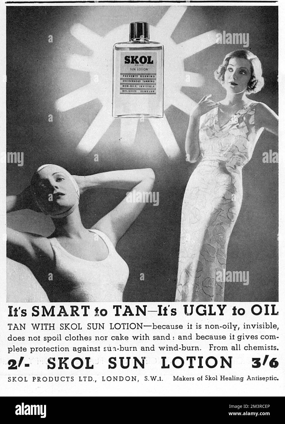 Skol sun lotion advertisement - non-oily, invisible, does not spoil clothes nor cake with sand.  Gives complete protection against sunburn and windburn.  1936 Stock Photo