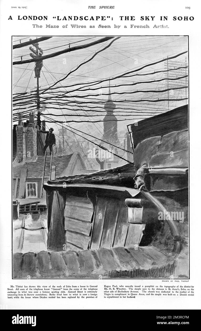 The maze of telephone wires over Soho, at the Gerrard Street telephone exchange. The steeple of St Anne's, Soho, can be seen in the distance, on the otherside of Shaftesbury Avenue.  1905 Stock Photo
