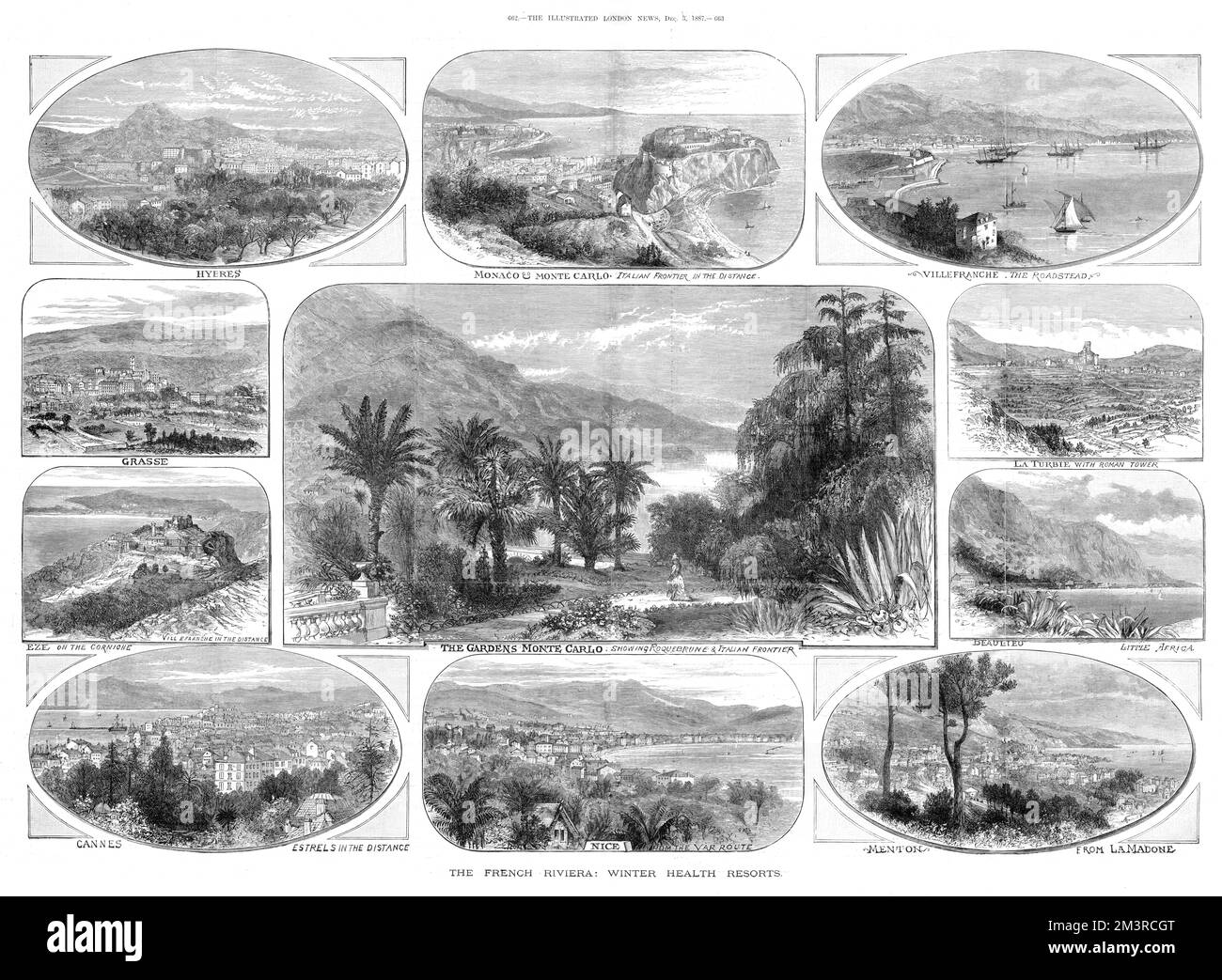 Double page spread from the Illustrated London News showing views of the various towns on the French Riviera, which are described as 'winter health resorts' - a good example of how the area grew in popularity with British visitors during the 19th century.    1887 Stock Photo
