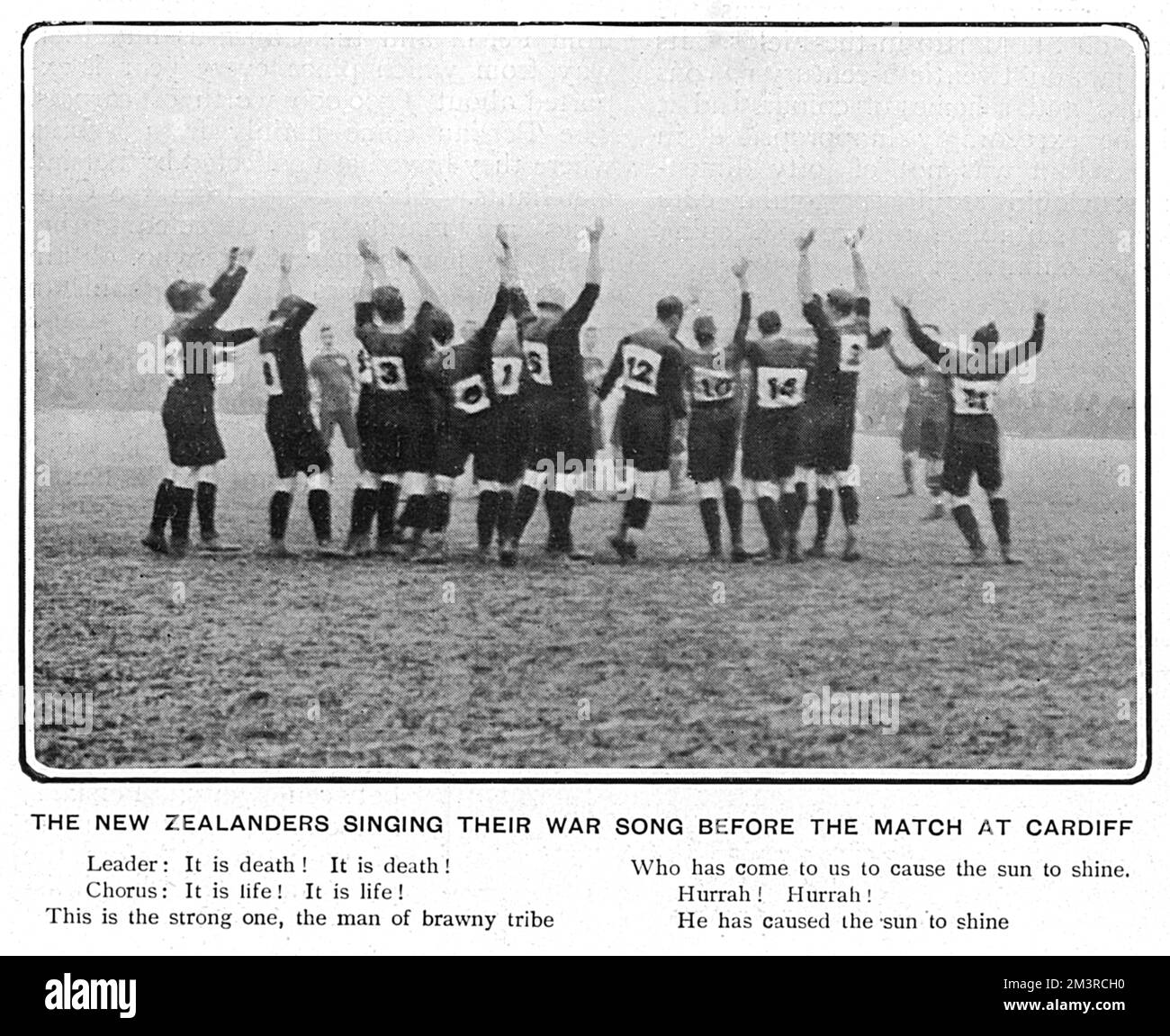 The New Zealand rugby team singing their war song before the match against Wales at Cardiff on 16th December 1905. Wales went on to win a historic victory against the New Zealanders.     Date: 16th December 1905 Stock Photo
