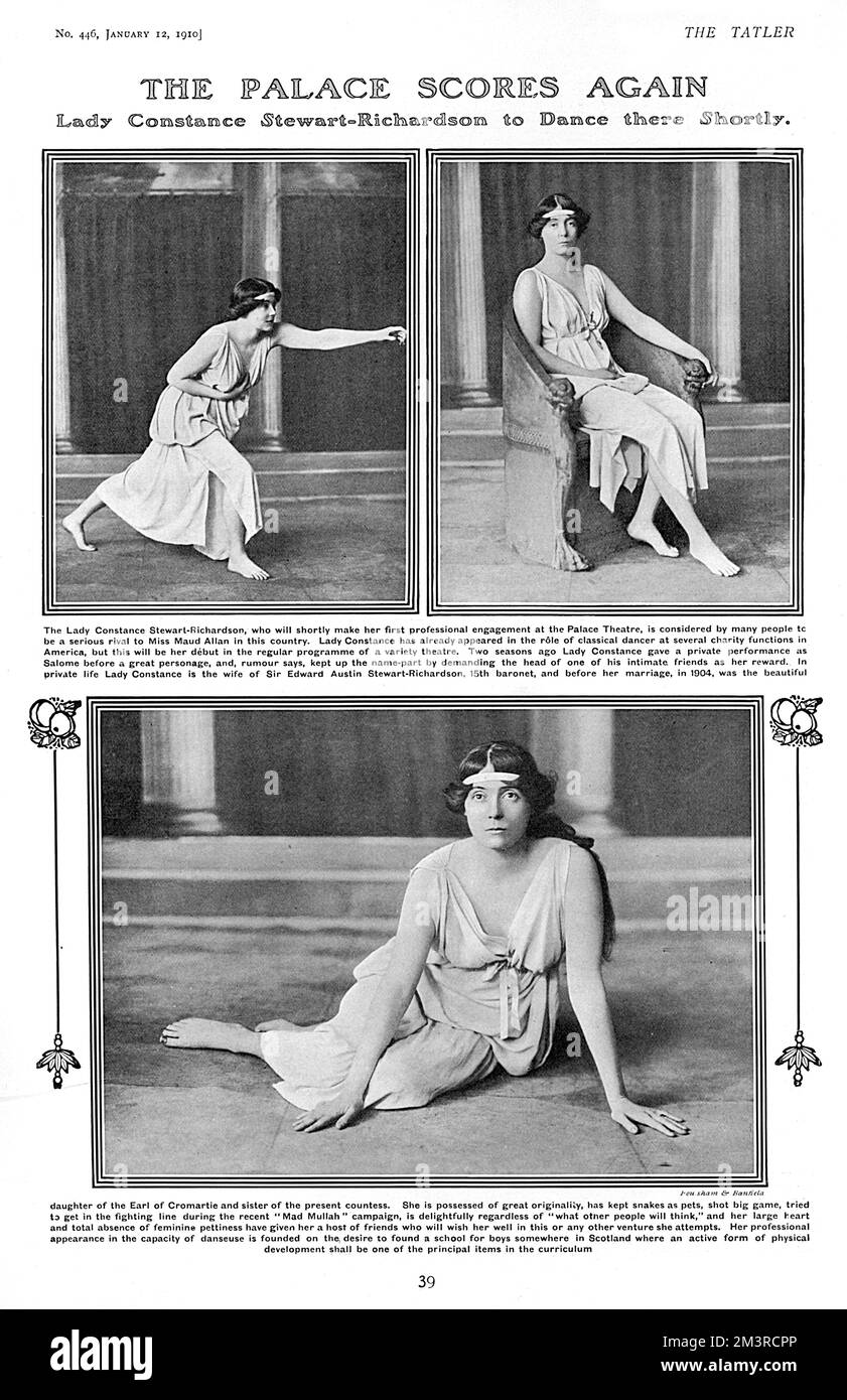 Lady Constance Stewart-Richardson (1883-1932), British dancer and author, society figure, dancer and promoter of the healthy benefits of exercise. Pictured at the time she was appearing as a professional dancer for the first time in London with a stint at the Palace Theatre.  The novelty of an aristocrat taking to the stage to perform artistic dances made Constance a subject of much interest among the illustrated magazines of the time.  The Tatler lists her various interesting traits to include keeping snakes as pets and her ambitions to found a school for boys in Scotland 'where an active for Stock Photo