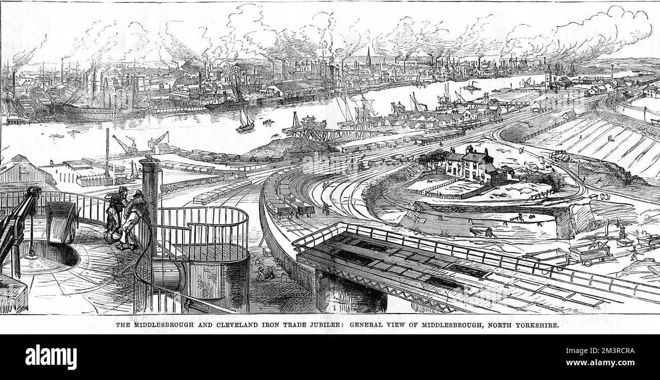 The Middlesbrough and Cleveland Iron Trade Jubilee in 1881: general view of Middlesbrough, North Yorkshire. The ILN says, &quot;The fiftieth anniversary of the flourishing town of Middlesbrough-on-Tees, the seat of the great Cleveland iron trade of North Yorkshire, was celebrated ... the streets were gaily decorated, and at night there were illuminations and fireworks in the Albert Park. Pasture land and cornfields have given place to numerous ironworks, thousands of houses and shops, and miles of streets.&quot;     Date: 1881 Stock Photo