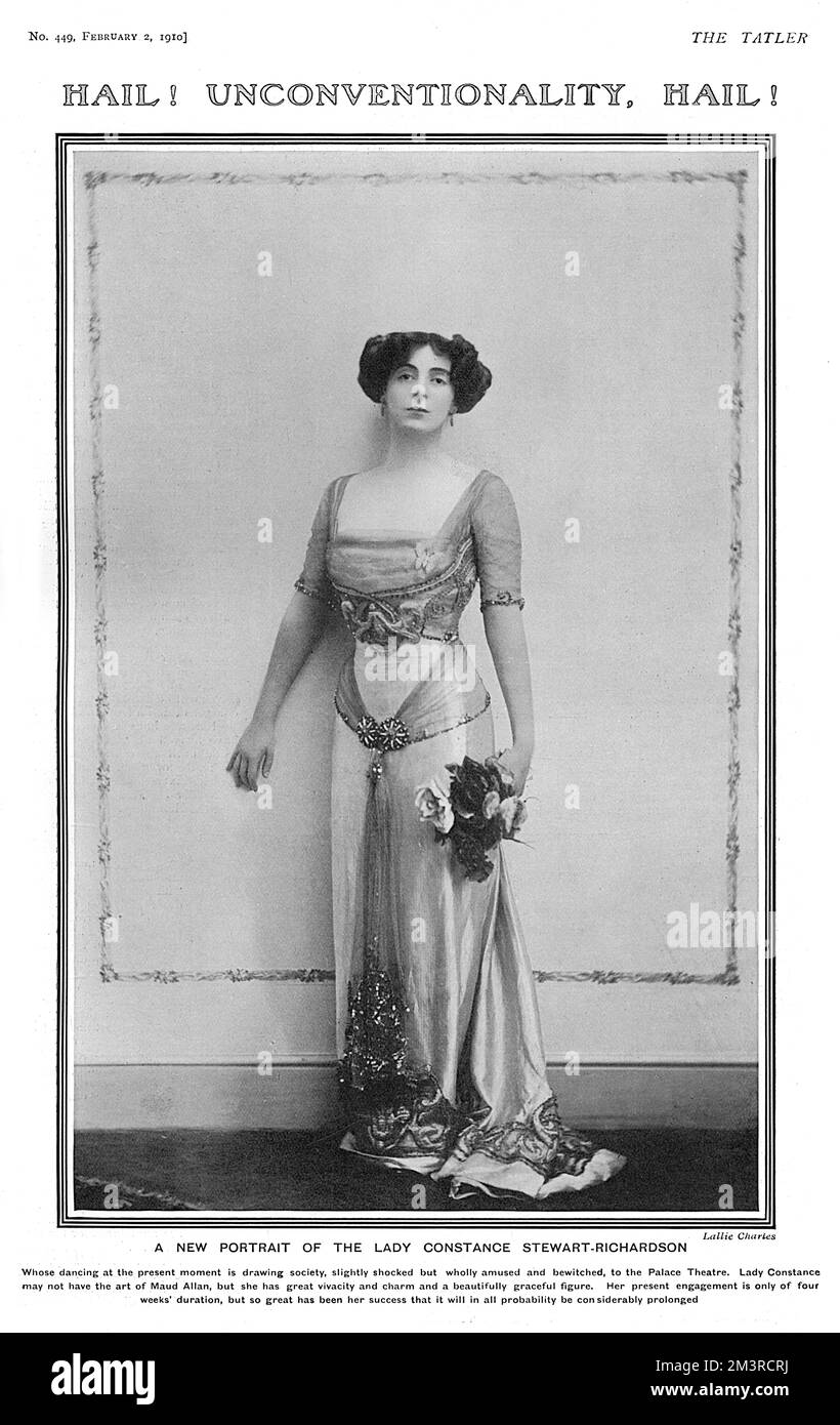 Lady Constance Stewart-Richardson (1883-1932), British dancer and author, society figure, dancer and promoter of the healthy benefits of exercise. Pictured at the time she was appearing as a professional dancer for the first time in London with a stint at the Palace Theatre leaving the theatre after one of her performances.  The novelty of an aristocrat taking to the stage to perform artistic dances made Constance a subject of much interest among the illustrated magazines of the time.  The Tatler informed readers that Lady Constance's object in going on the stage was to raise funds to found a Stock Photo