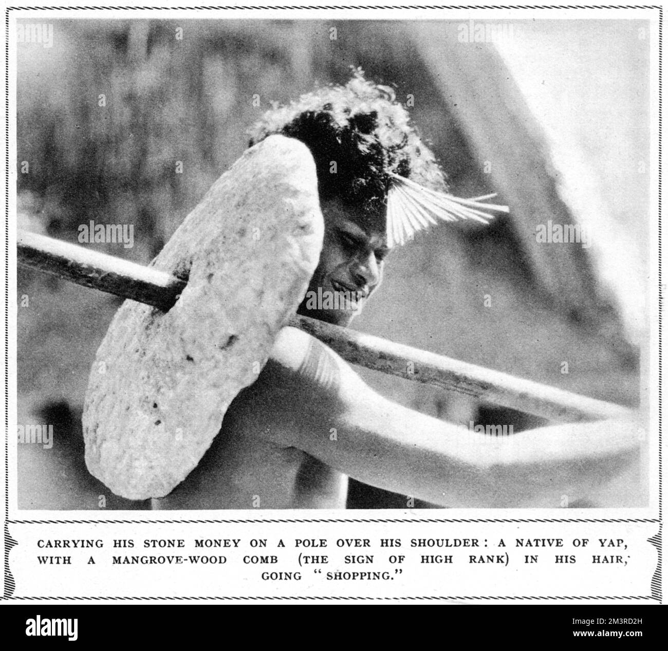 A native man from Yap wearing a mangrove wood comb in his hair (a sign of high rank) carrying stone money on a pole over his shoulder.     Date: 1937 Stock Photo