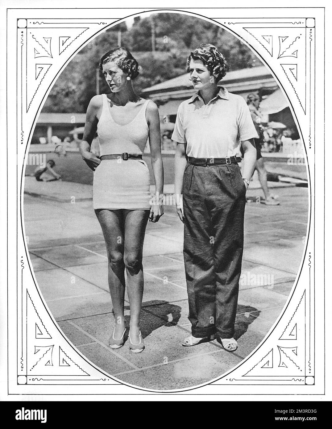 A snapshot from Monte Carlo beach showing two 'well-known beauties - one sunburned quite brown and the other still white-skinned.'  The Hon. Mrs Richard Norton is the tanned one in the bathing suit, due to the fact that she had been staying in the Riviera for some time and the new arrival, with her 'cream-and-roses complexion' is the Countess of Brecknock, looking chic in a polo shirt, loose trousers and sandals.     Date: 1932 Stock Photo
