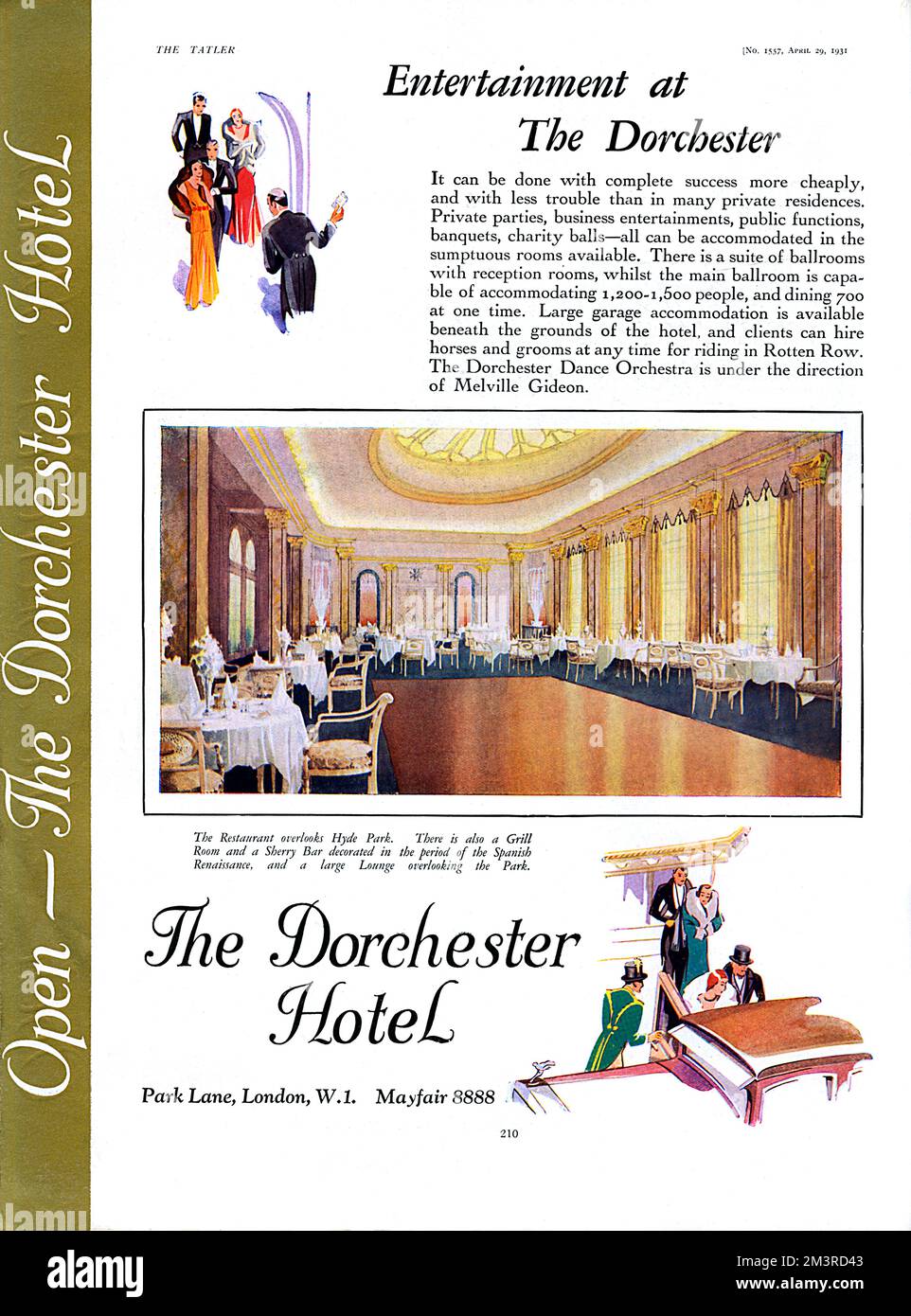 Page from the Tatler, part of a promotional 4-page feature about the newly opened Dorchester Hotel in Park Lane, London.  Main illustration shows the restaurant which overlooks Hyde Park.       Date: 1931 Stock Photo