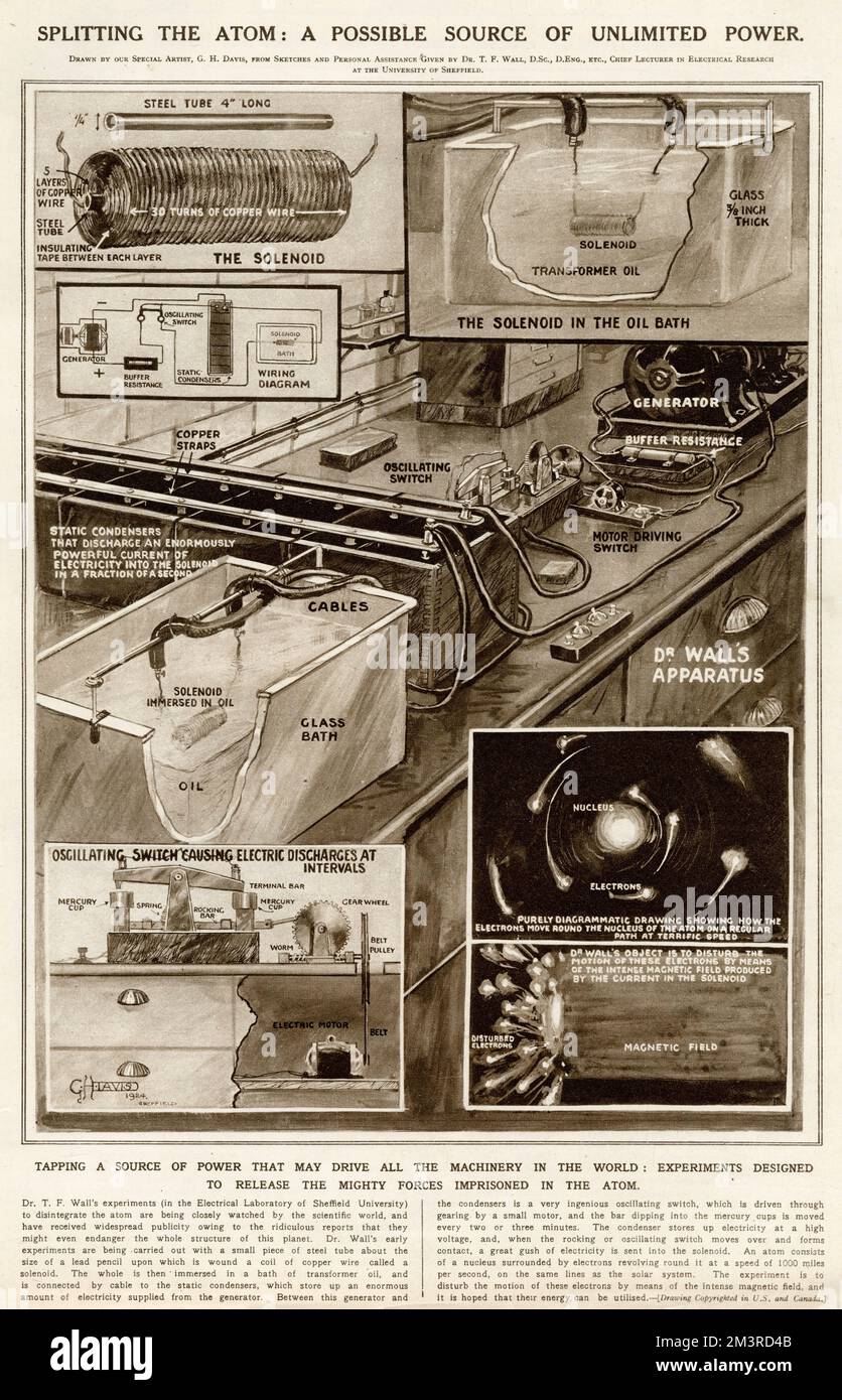 A possible source of unlinited power.  Tapping a source of power that may drive all the machinery in the World:  Experiments designed to release  the forces imprisoned in the atom.  1924 Stock Photo