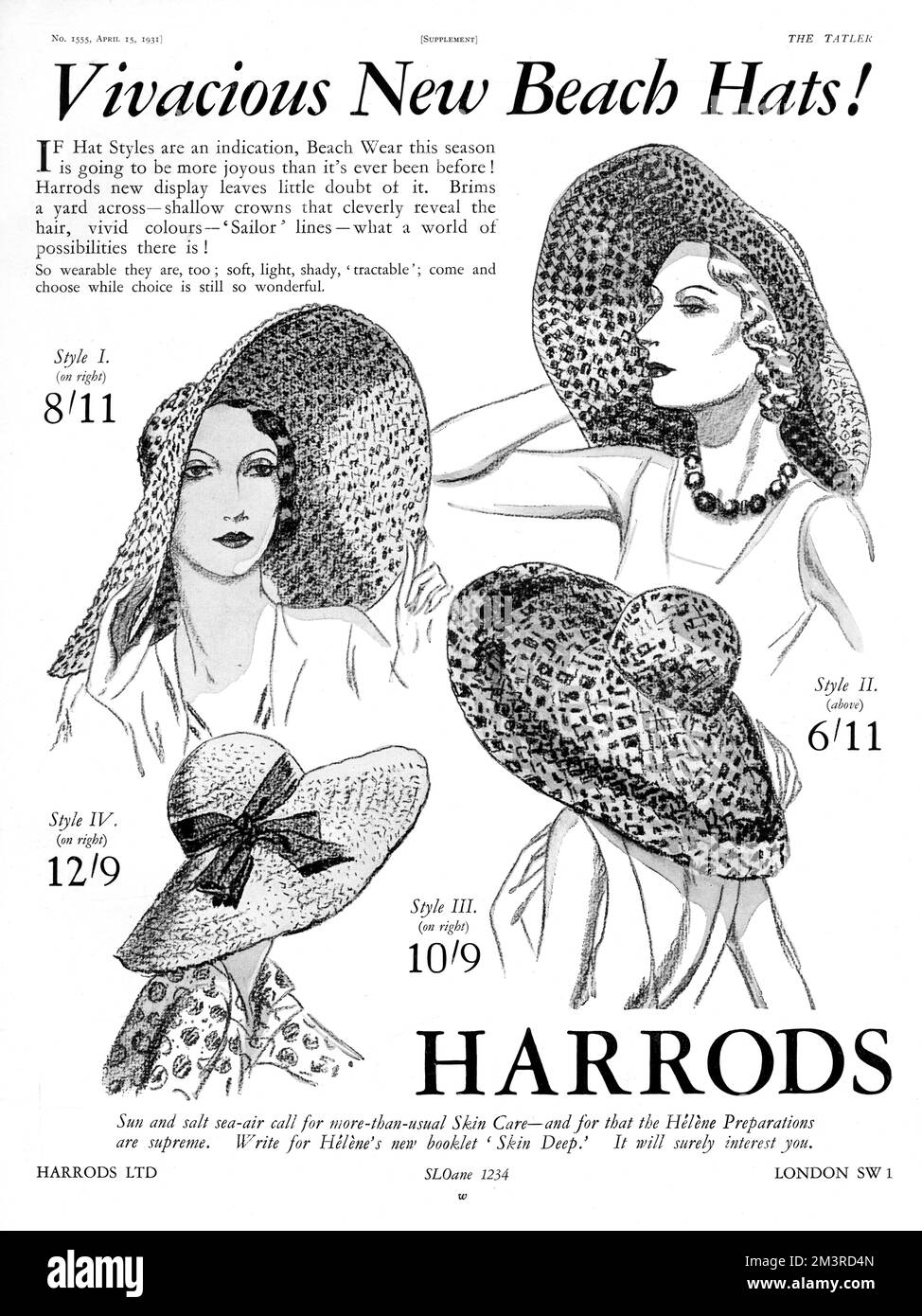 Advertisement for wide-brimmed beach hats from Harrods.  Brims are a yard across and the shallow crowns 'cleverly reveal hair'.     Date: 1931 Stock Photo
