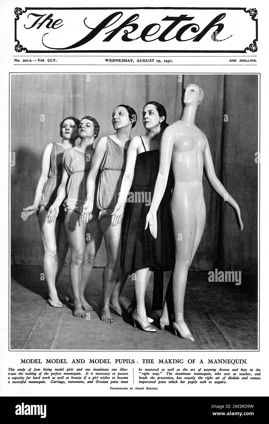 Front cover of The Sketch magazine showing four living models and one inanimate one.  It comments that, 'the inanimate mannequin, who acts as teacher, and heads the procession, has exactly the right air of disdain and remote impersonal pose which her pupils seek to acquire.'     Date: 1931 Stock Photo