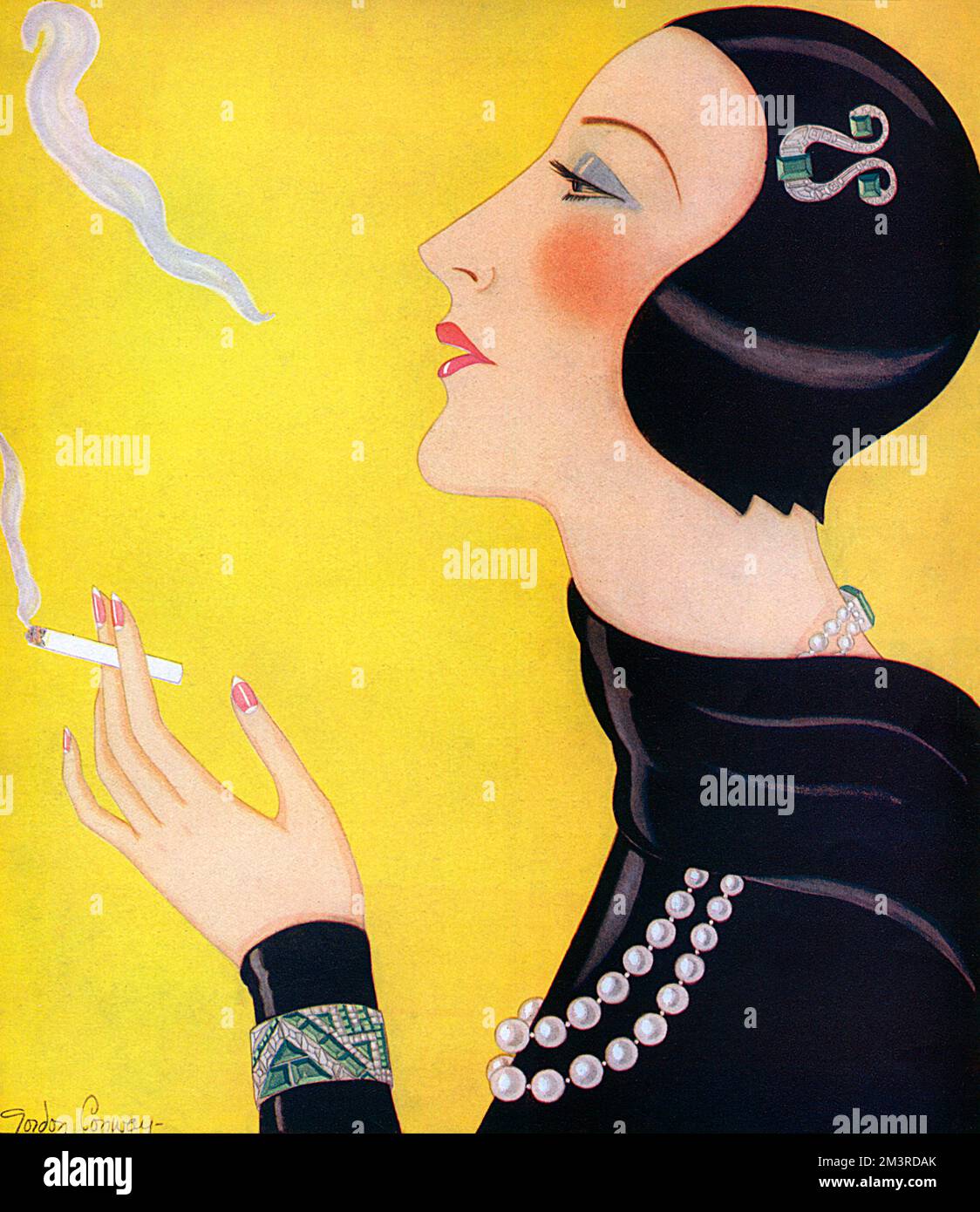 Stunning illustration by Gordon Conway depicting an elegant woman in black wearing a close-fitting cloche hat and some impressive emerald,diamond and pearl jewels, enjoying the pleasures of a solitary cigarette.  1931 Stock Photo
