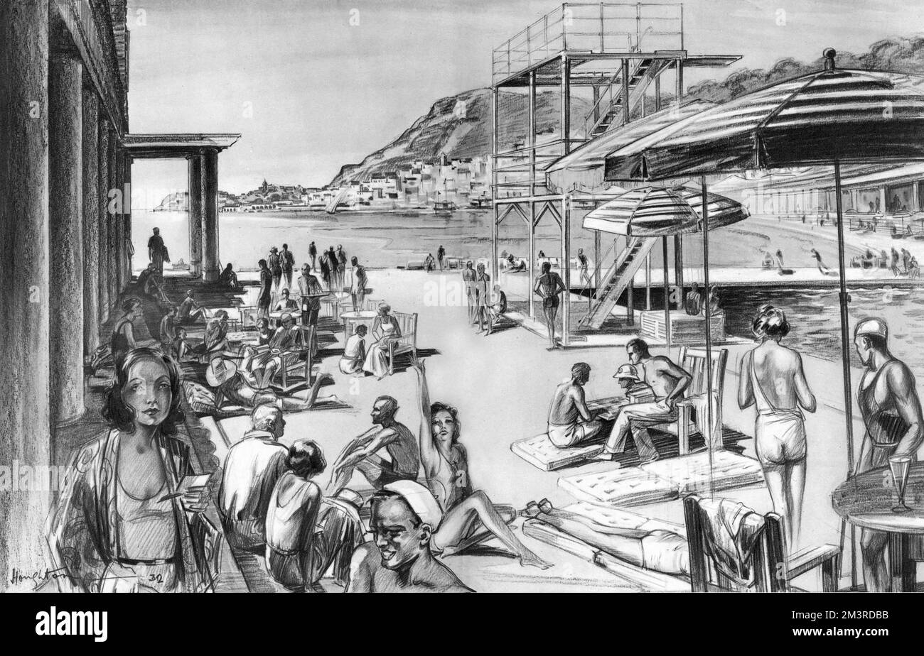 Artist's impression of sun-worshippers soaking up rays at Monte Carlo beach, nicknamed the 'tannery' by The Bystander, such was the cult of sunbathing during the 1930s.  It mentions the gorgeous Pompeian bathing pool, cool, shady arcades for the less energetic and the sumptuous restaurant and bar.  In the background can be seen La Turbie Rock, towering over the town and sheltering the bay.     Date: 1932 Stock Photo