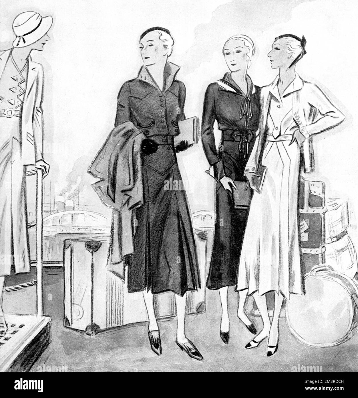 Suggestions for ensembles to be worn when boarding a liner for a cruise or transatlantic voyage, all from Debenham and Freebody.  From left, the lady on the gang-plank is wearing a trim suit carried out in blue silk with a matching jacket piped with white.  Next is a smart, brown suede golf jacket with a striped, knitted woollen collar and cuffs - a well made suede skirt to match.  Then a serviceable costume for going ashore of a dress in navy blue jersey with hand-knitted revers and cuffs of green, white and red wool.  Finally, dresses of washing silk with matching coat are as practical as th Stock Photo