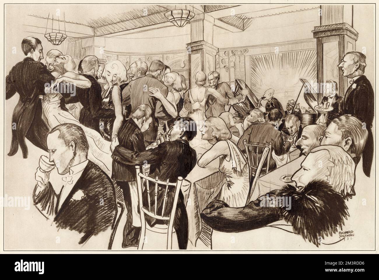 Artist's impression of the interior of the Bobbin Club in Regent Street, around 3am 'when it is usually at its liveliest' according to The Bystander.  The magazine also mentions that it is here that well-known members of society, stage and film, members of the Services and other habitués of the West End can be found chatting and dancing to one of the best orchestras in London.  'Raids by both police and by burglars have entirely failed to cast an air of gloom over this cheery place.' Stock Photo