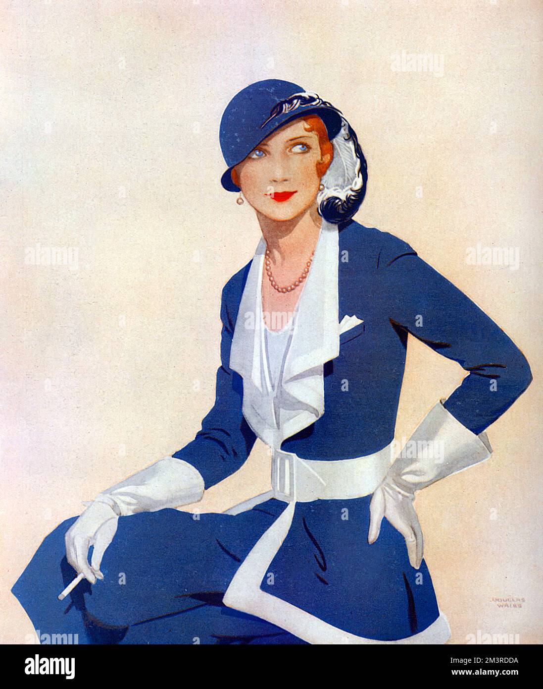 Beautifully composed illustration of a woman wearing a striking blue outfit, including a glengarry style bowler hat with a curling ostrich feather.       Date: 1931 Stock Photo