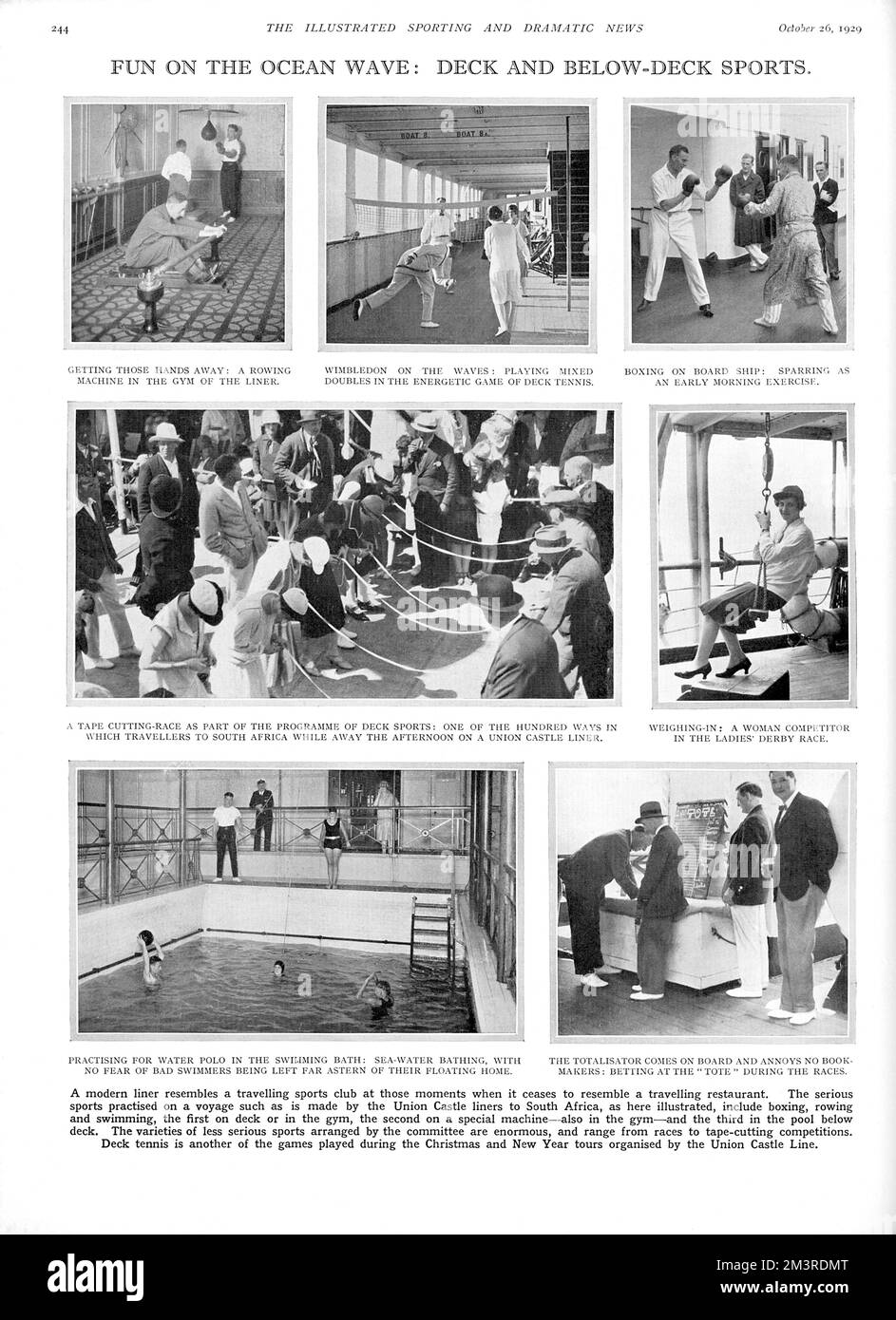 Amusements on board a Union Castle ocean liner to South Africa, here illustrated with pictures of people in the gym, playing deck tennis, boxing, taking part in a tape cutting race, weighing in for the ladies' Derby race, water polo and betting at the tote.     Date: 1929 Stock Photo