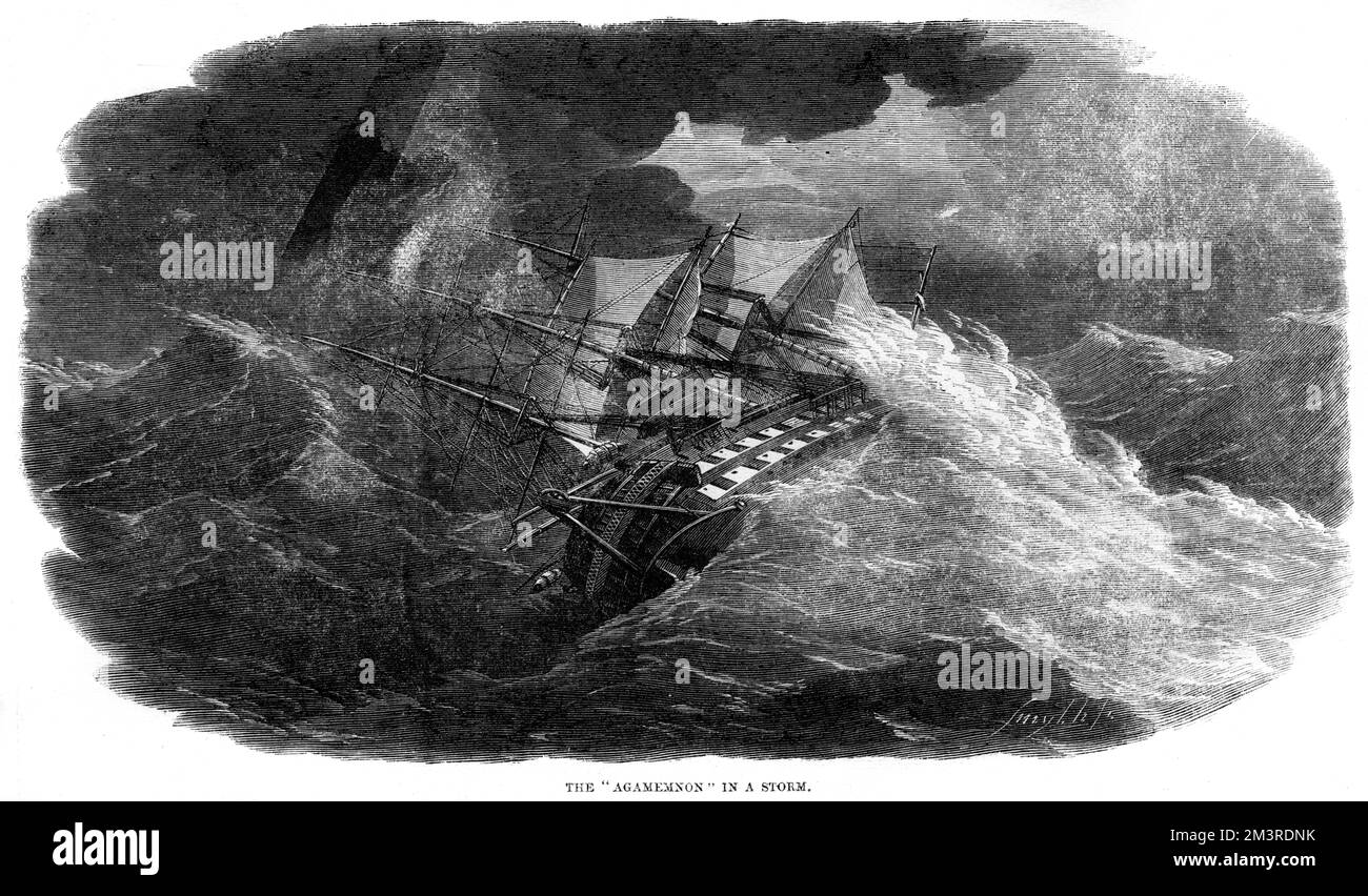 Illustration showing the Agamemnon caught in a storm, in the first attempt to lay a transatlantic telegraph cable for the Atlantic Telegraph Company.  The worst storm was during the 20th and 21st of June, when the Agamemnon  rolled so heavily and dangerously, leading to serious fears that the masts would go overboard, or that she would capsize completely.     Date: 1858 Stock Photo