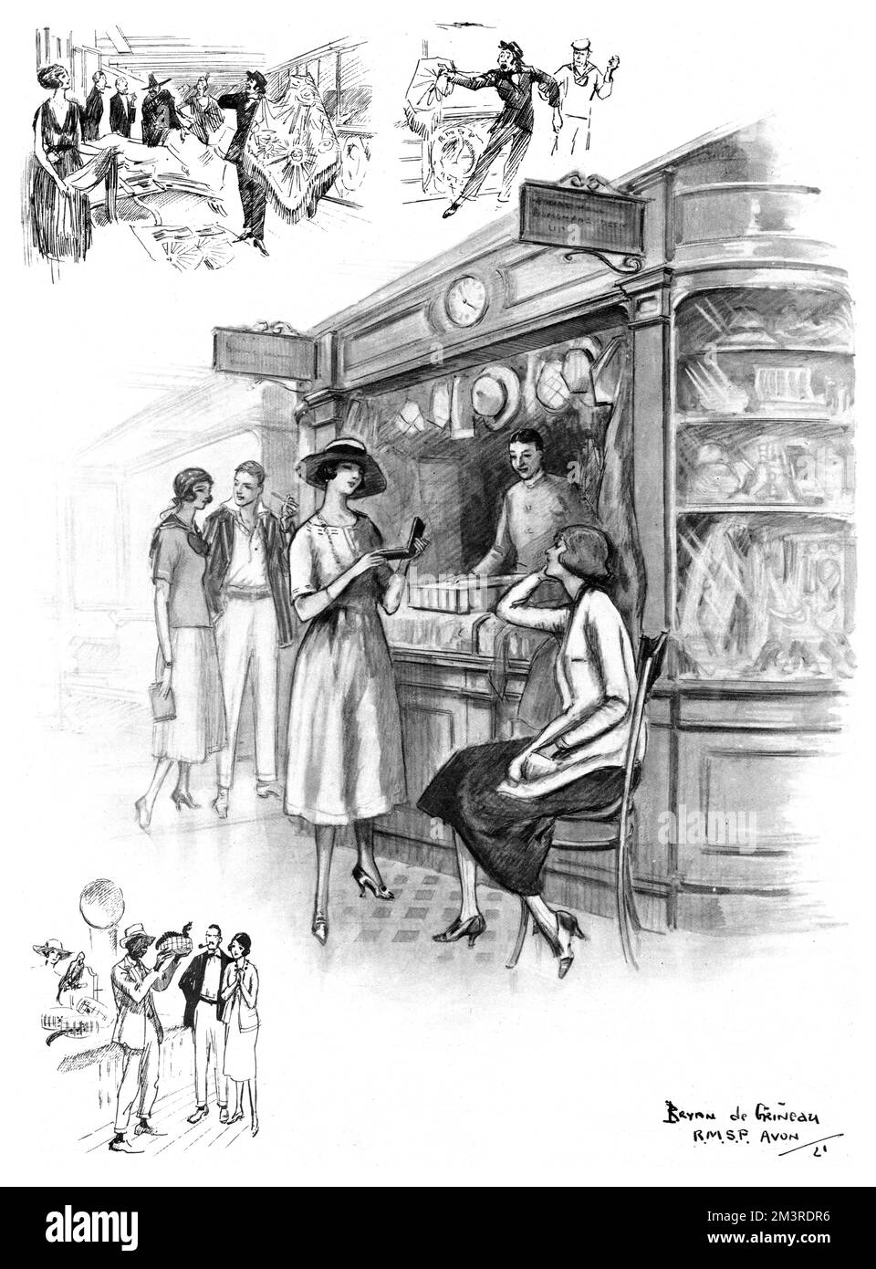 &quot;Bond Street&quot; aboard a liner: Shopping on the high seas. Woman's chief diversion still available at sea: Customers at an R.M.S.P. liner's 'magasin':; and pedlars who board the ship at Madeira and Bahia.  Scenes drawn by Bryan de Grineau showing shoppers on board a modern ocean liner in the 1920s.     Date: 1921 Stock Photo