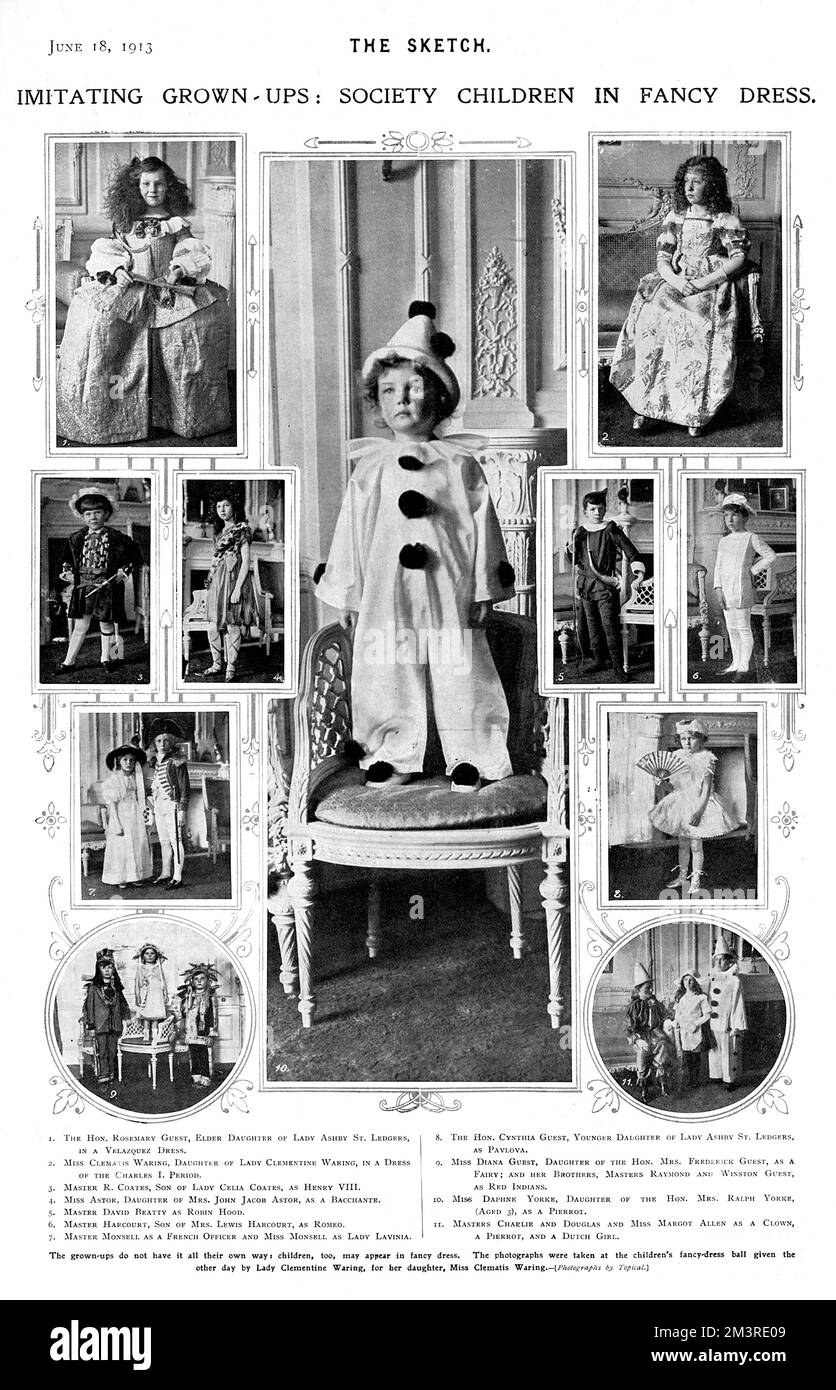 Imitating grown-ups, society children in fancy dress - photographs taken at a ball for children given by Lady Clementine Waring for her daughter, Miss Clematis Waring.  Top left is the Hon. Rosemary Guest in a Velazquez dress, top right is Clematis in a dress of the Charles I period.  Other costumes include Henry VIII, a bacchante, Robin Hood, Romeo, Anna Pavlova, a Pierrot and 'red Indians'.       Date: 1911 Stock Photo