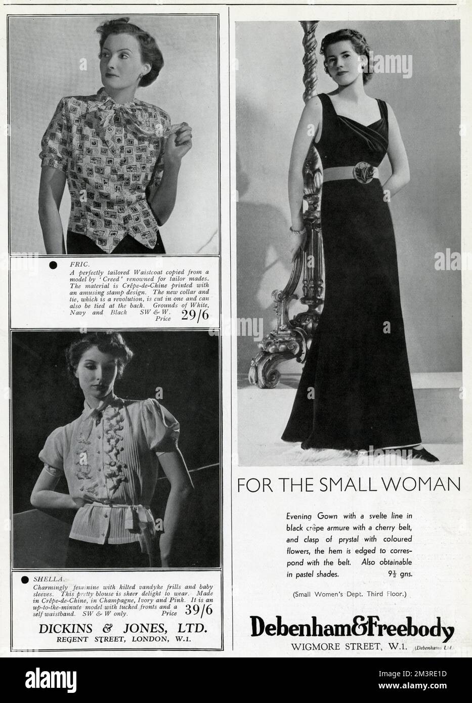 Two fashion adverts for Dickins & Jones, Ltd, modelling the latest short sleeved blouses and Debenham & Freebody, modelling a petit black crepe evening gown with cherry belt.     Date: 1937 Stock Photo