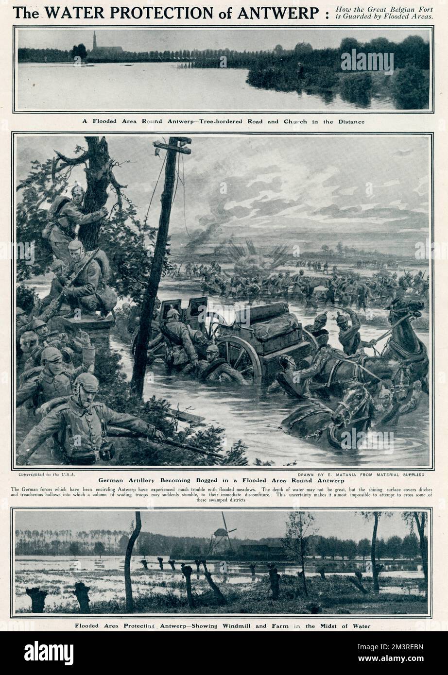 German artillery becoming bogged in flooded meadows in Antwerp.  Wading through water up to their waist with ditches and uneven ground made it impossible to attempt to cross some of these swampted districts.     Date: 1914 Stock Photo