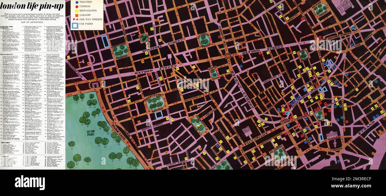 A handdrawn pullout map of Soho, Leicester Square and the West End as far as Hyde Park, showing theatres, cinemas and restaurants in Central London. Intended as a 'motorist's entertainment guide', the map also features garages, one-way streets and car parks. The restaurants were chosen because they specialised in late-night dining.   1966 Stock Photo