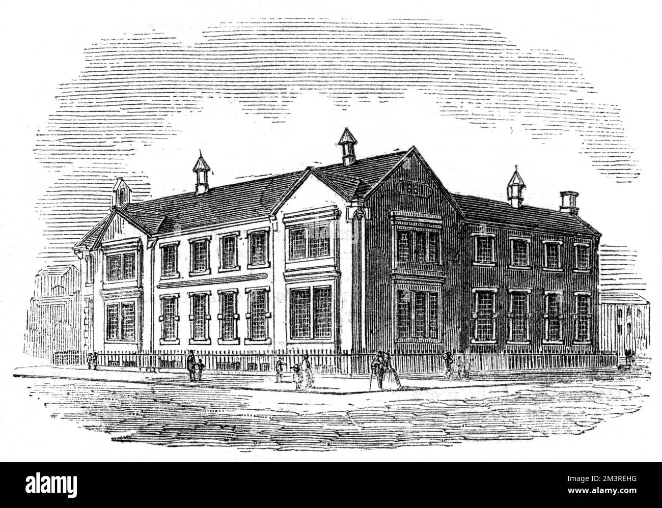 Industrial schools and working men's free schoolroom church at Scotland Road, Kirkdale, Liverpool. The building was intended for use not only as an industrial ragged school where children of the very poorest would receive elementary instruction, but also as a place where boys could be taught the rudiments of useful occupations for later in life.     Date: 1850 Stock Photo