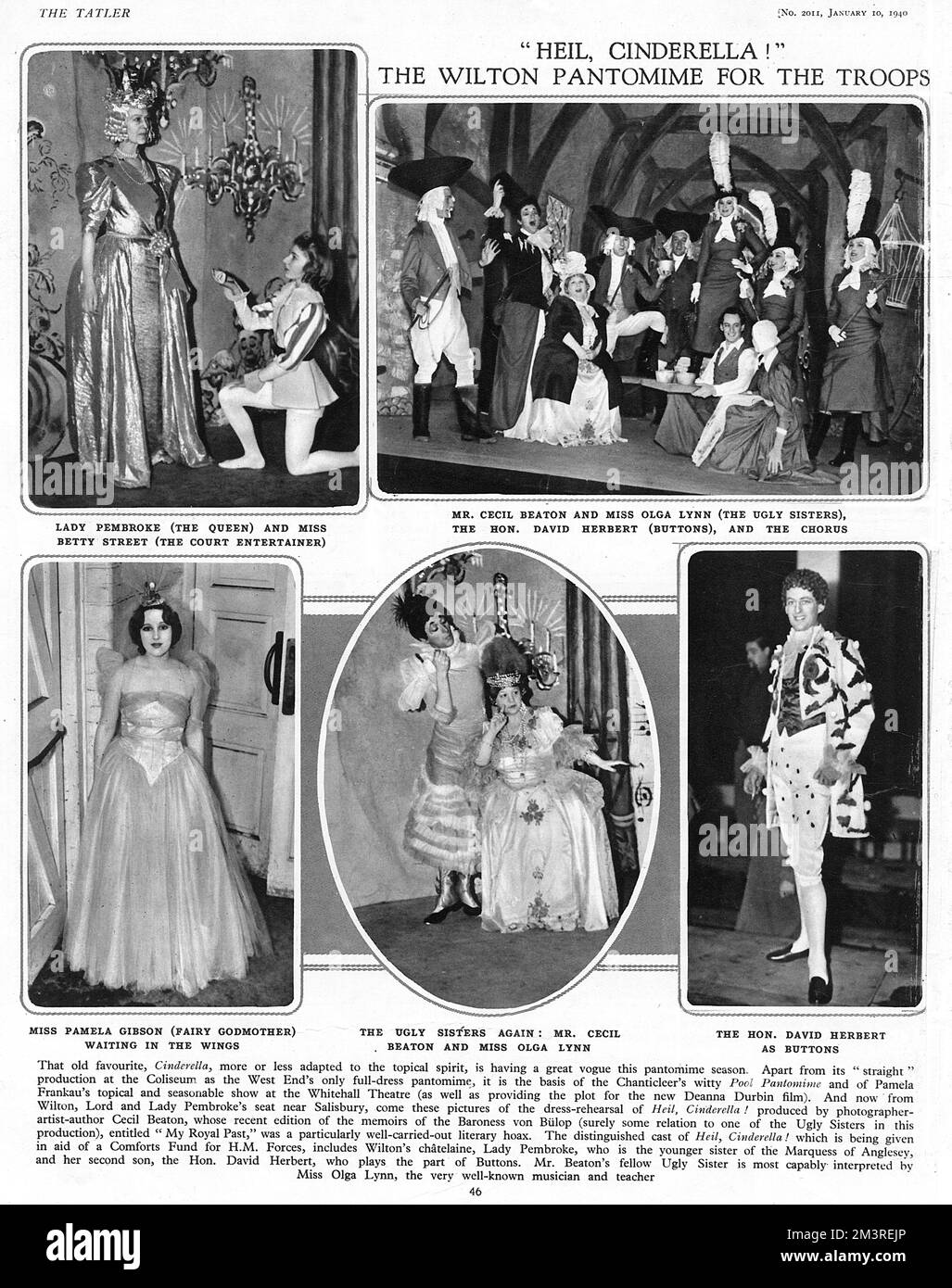 Photographs from Heil, Cinderella, produced by Cecil Beaton in aid of a Comforts Fund for H.M. Forces. The cast include Lady Pembroke and her son Hon. David Herbert, who plays the part of Buttons, Miss Olga Lynn who interprets Ugly Sister.     Date: 1940 Stock Photo