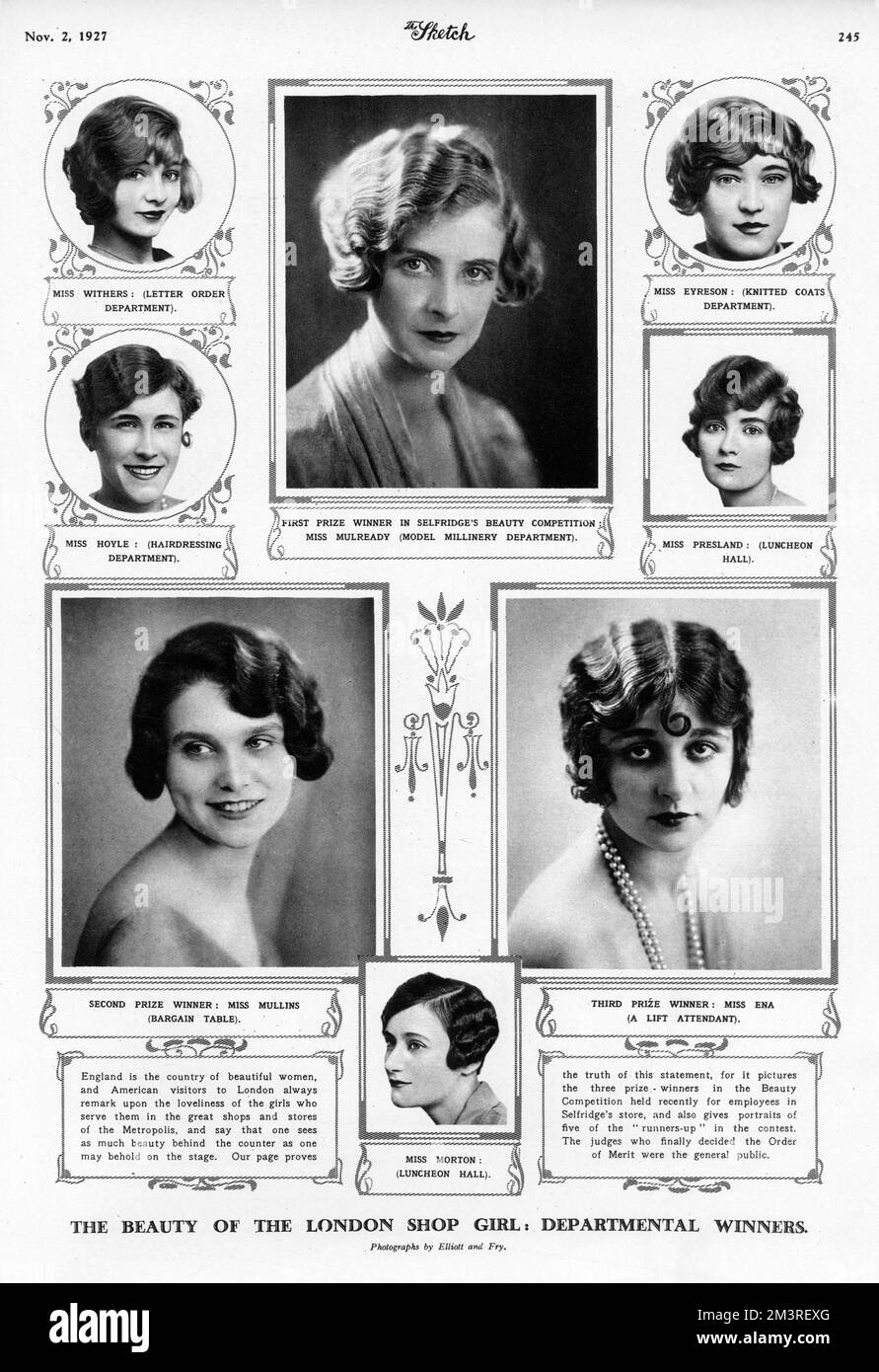 Winners and runner-ups in a beauty competition held for the employees of Selfridges department store.  First prize awarded to Miss Mulready from the model millinery department.     Date: 1927 Stock Photo