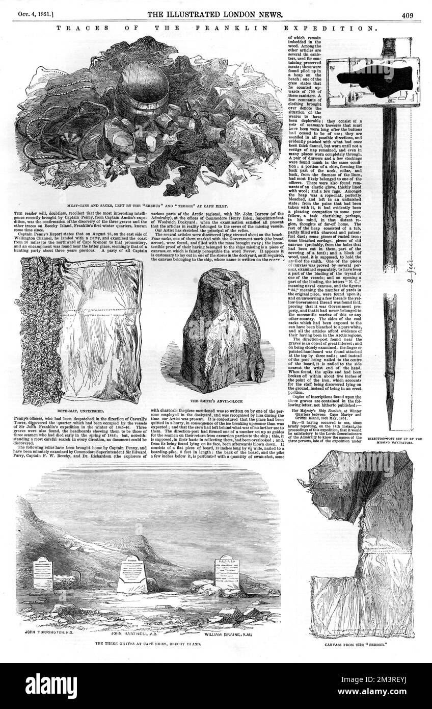 Traces of the Franklin Expedition. Page from the Illustrated London News, 4th October 1851, showing images of meat cans and sacks left by the Erebus and Terror at Cape Riley; an unfinished rope mat; an anvil block; a direction post; three graves at Cape Riley; and a canvas from the Terror.     Date: 1851 Stock Photo