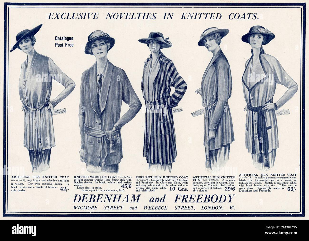 Lightweight summer coats for women with wrap around tie belts. Made from artifical silk, knitted wool and  pure rich silk.  1915 Stock Photo