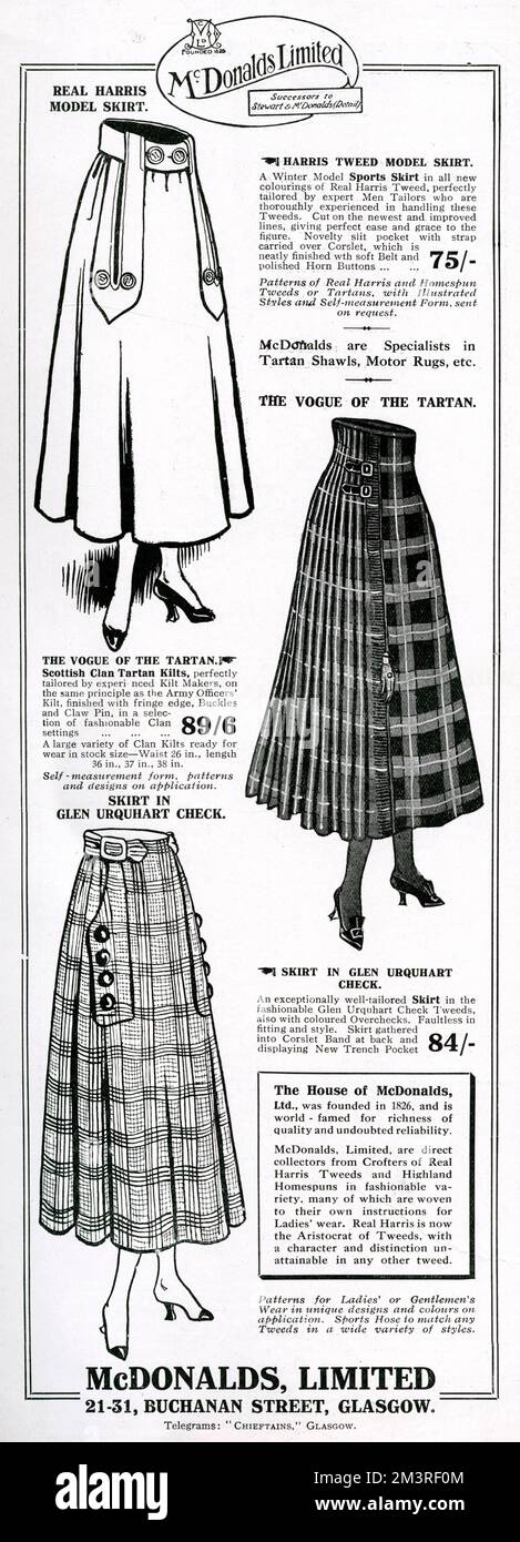Advertisement for McDonalds Limited, in Glasgow, a variety of fashionable tailored kilts, check tweed and Scottish clan tartan.     Date: 1917 Stock Photo