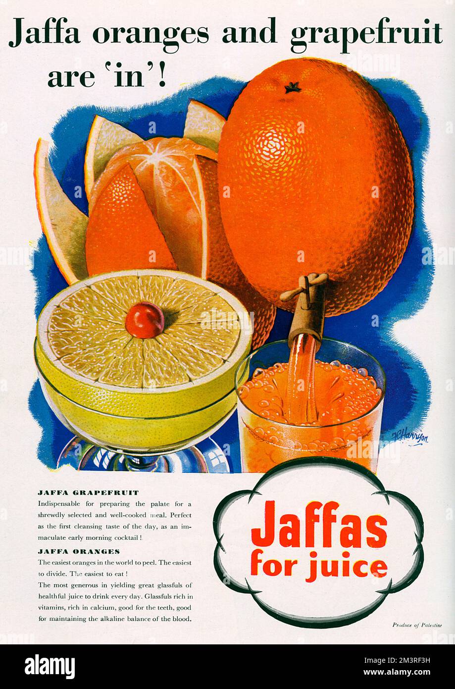 Advertisement for Jaffa oranges and grapefruit emphasising their