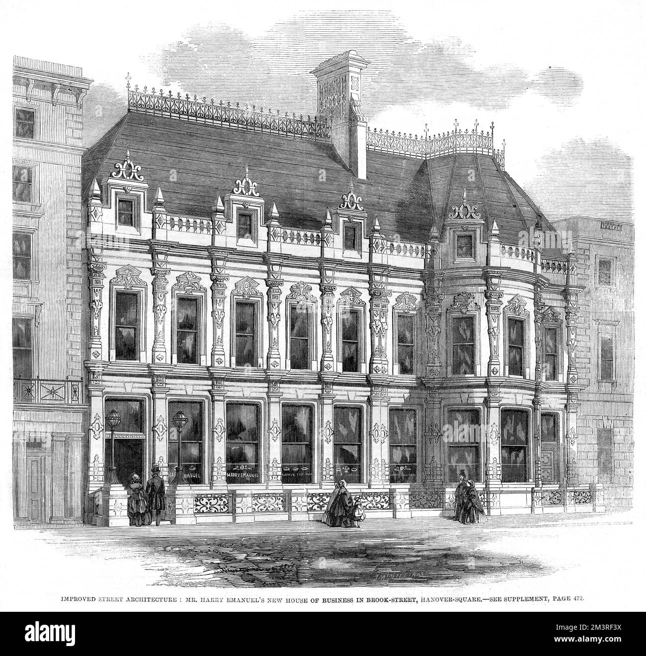 Improved street architecture: Mr Harry Emanuel's new house of business in Brook Street, Hanover Square, London W1, in 1860.     Date: 1860 Stock Photo
