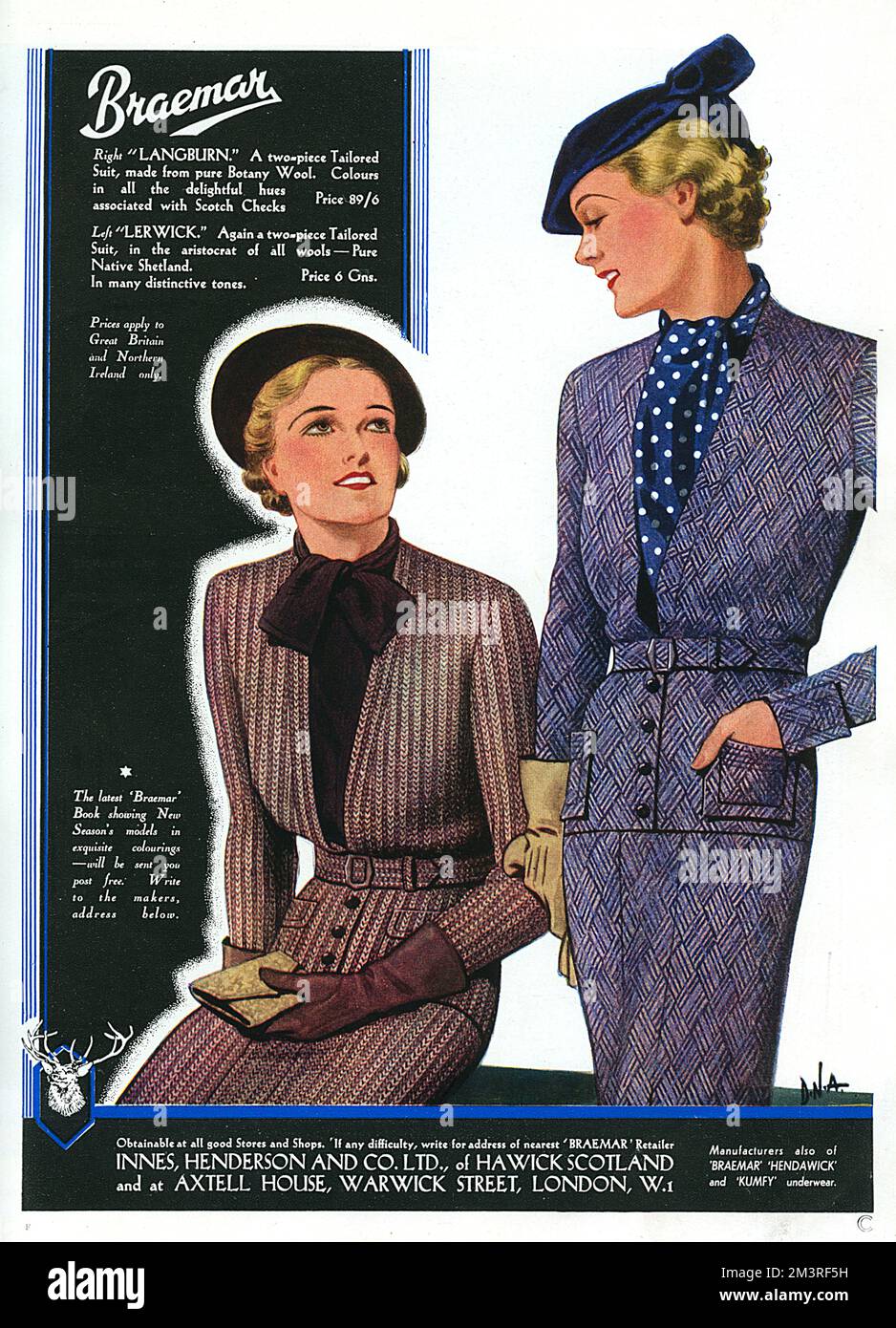Advertisement for Braemar Wool Suits. This illustration shows two women wearing elegant woollen suits with stylish accessories of coordinating colours (gloves, hats, bow ties) The women look relaxed and confident in their height of fashion apparel.     Date: 1936 Stock Photo